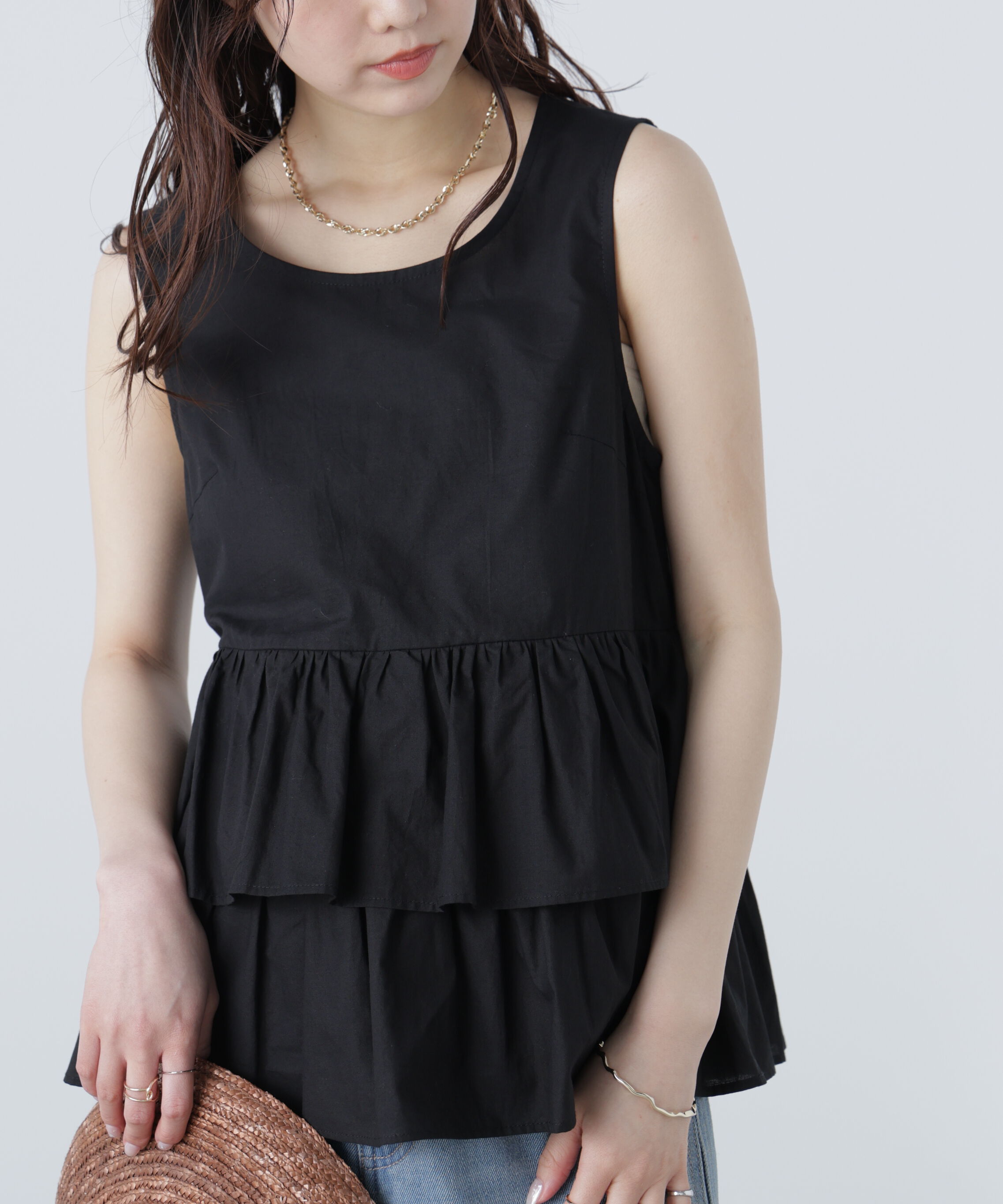  「シアーノースリーブティアードブラウス」|シャツ・ブラウス|ブラック