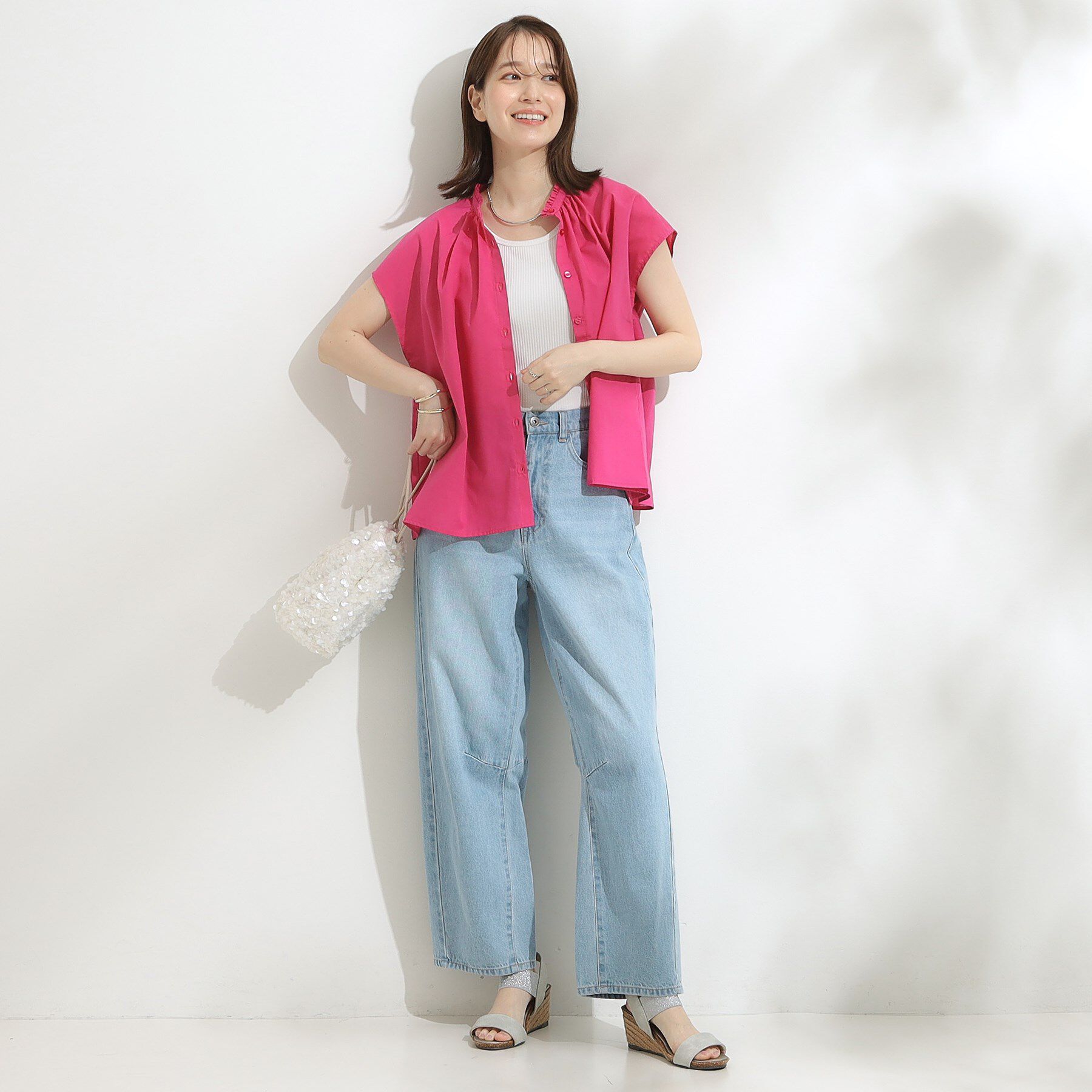 SHOO･LA･RUE「【洗える/S-LL】プチフリル襟が女性らしい フレンチスリーブシャツ」|シャツ・ブラウス|