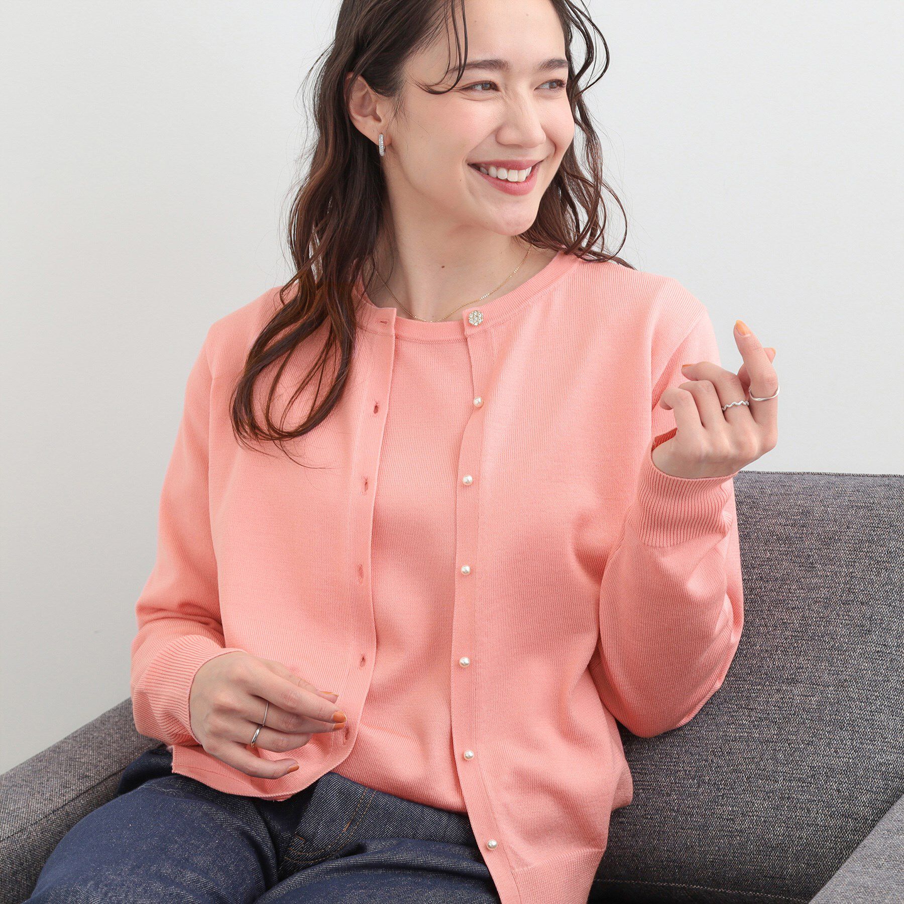 SHOO･LA･RUE「【洗濯機可/S-LL/セットアップ可】シンプルきれい見え クルーネックカーディガン」|カーディガン|ピンク(071)