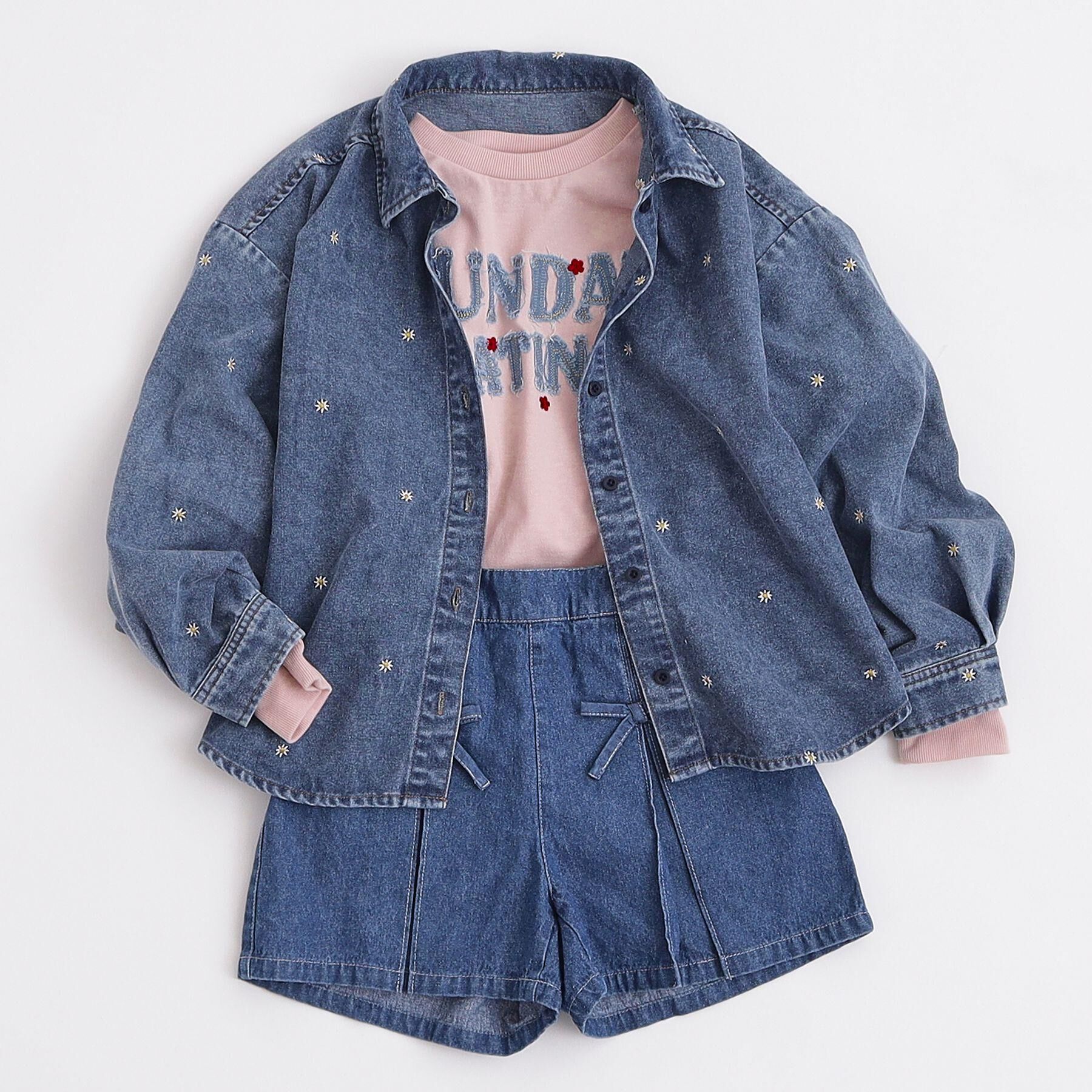 SHOO･LA･RUE「【100-150cm】フラワー刺繍デニムシャツ」|シャツ・ブラウス|