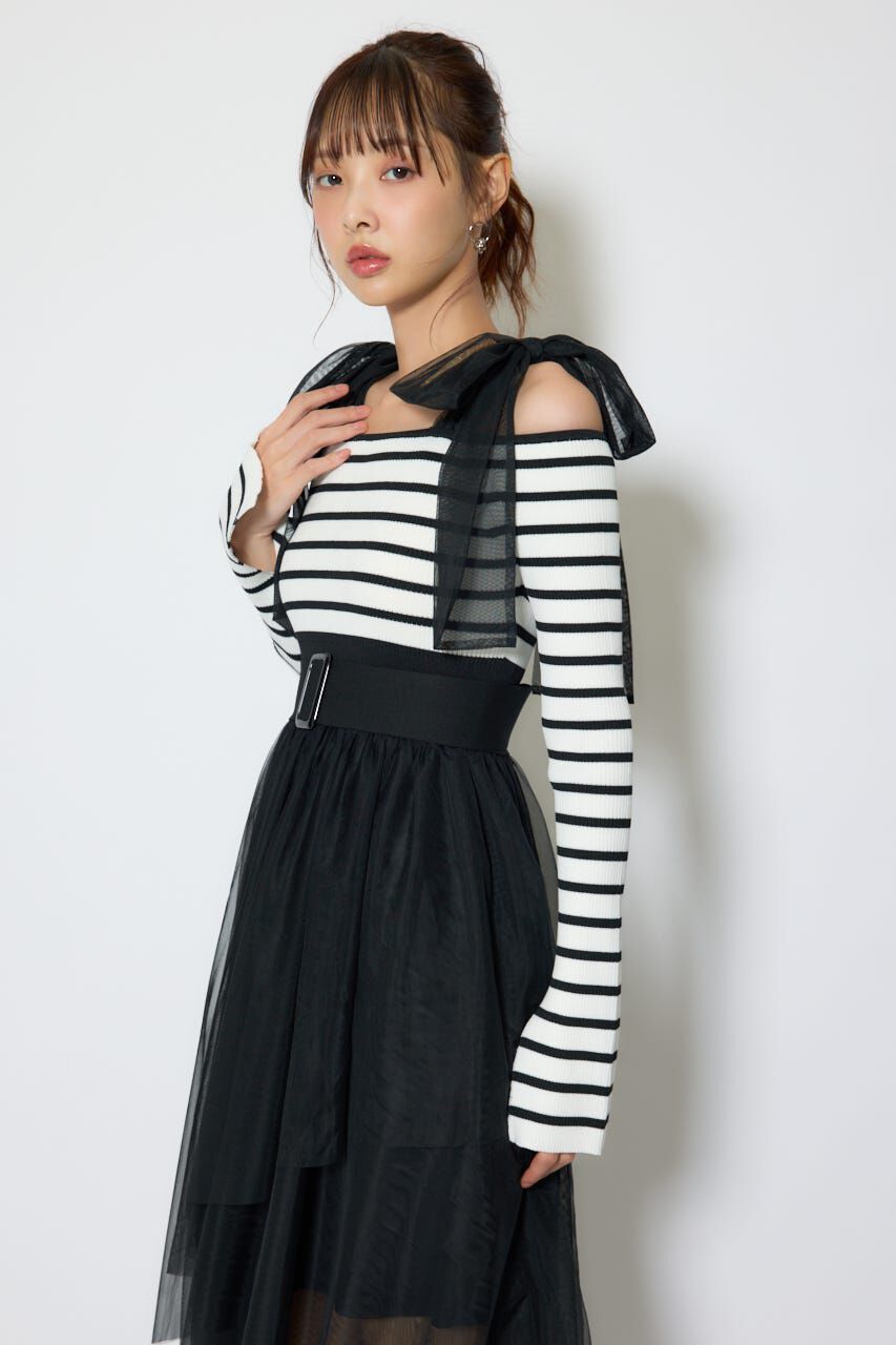 rienda「ショルダーリボンチュールニットワンピース」|ワンピース|