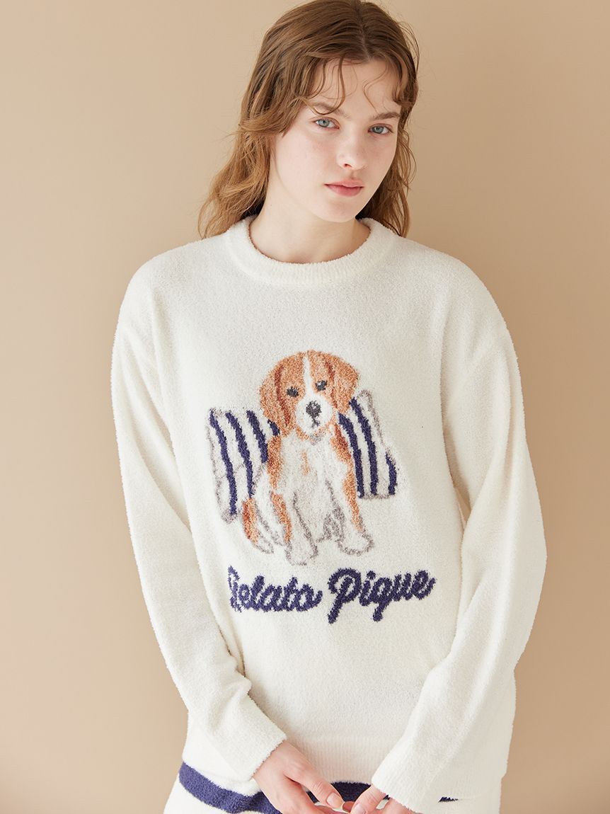 gelato pique「【ONLINE限定】【UNISEX】エアリーモコプレイフルDOGジャガードプルオーバー&ボーダーロングパンツセット」|ルームウェア|