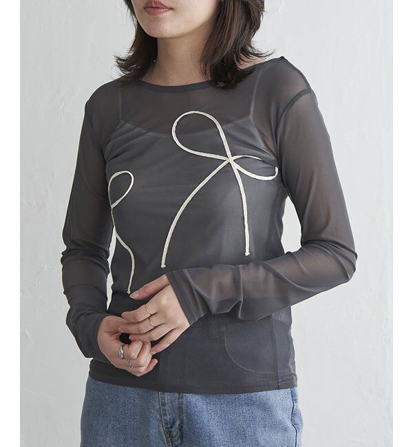 VENCE share style「シアーリボンコード刺繍プルオーバー」|Tシャツ・カットソー|チャコール