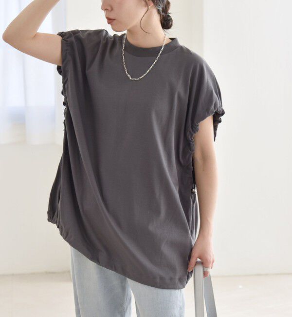 quaranciel「quaranciel:〈接触冷感/汗染み防止加工/洗濯機可能〉ドロスト ギャザー チュニック TEE」|Tシャツ・カットソー|