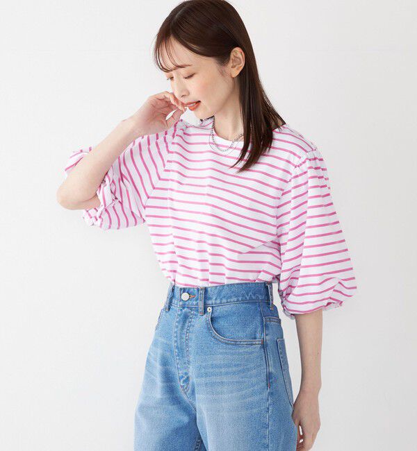 SHIPS Colors 「SHIPS Colors:〈洗濯機可能〉カラー ボーダー ギャザー スリーブ プルオーバー」|Tシャツ・カットソー|ピンク