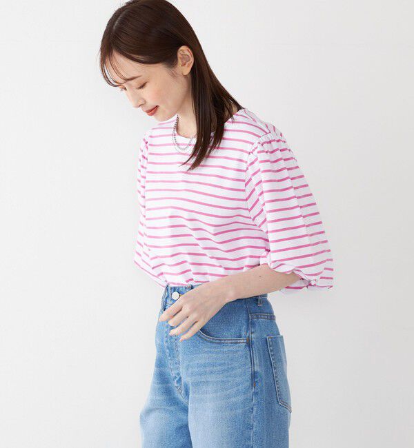 SHIPS Colors 「SHIPS Colors:〈洗濯機可能〉カラー ボーダー ギャザー スリーブ プルオーバー」|Tシャツ・カットソー|