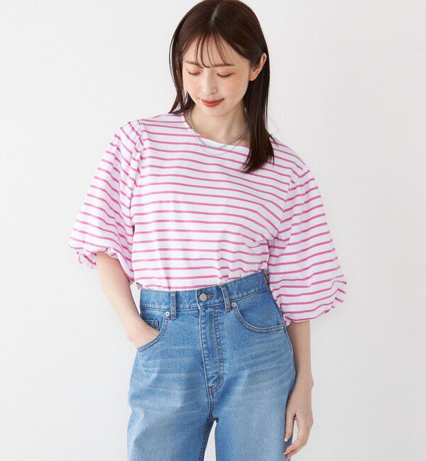 SHIPS Colors 「SHIPS Colors:〈洗濯機可能〉カラー ボーダー ギャザー スリーブ プルオーバー」|Tシャツ・カットソー|