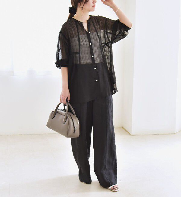 quaranciel「quaranciel:〈手洗い可能〉シアー チェック ノーカラー ハーフスリーブ ブラウス」|シャツ・ブラウス|