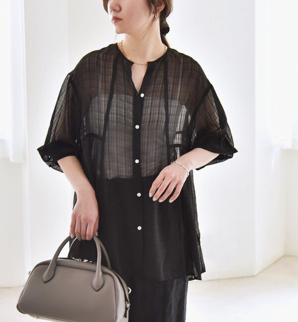 quaranciel「quaranciel:〈手洗い可能〉シアー チェック ノーカラー ハーフスリーブ ブラウス」|シャツ・ブラウス|