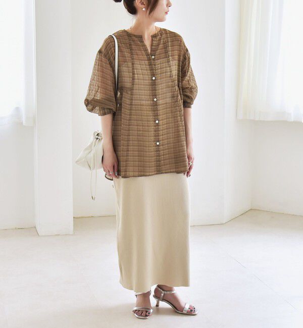 quaranciel「quaranciel:〈手洗い可能〉シアー チェック ノーカラー ハーフスリーブ ブラウス」|シャツ・ブラウス|