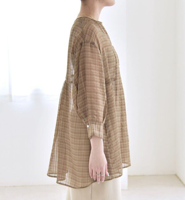 quaranciel「quaranciel:〈手洗い可能〉シアー チェック ノーカラー ハーフスリーブ ブラウス」|シャツ・ブラウス|