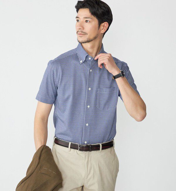 SHIPS「SHIPS: ショートスリーブ ジャージー ギンガムチェック シャツ」|シャツ・ブラウス|ネイビー