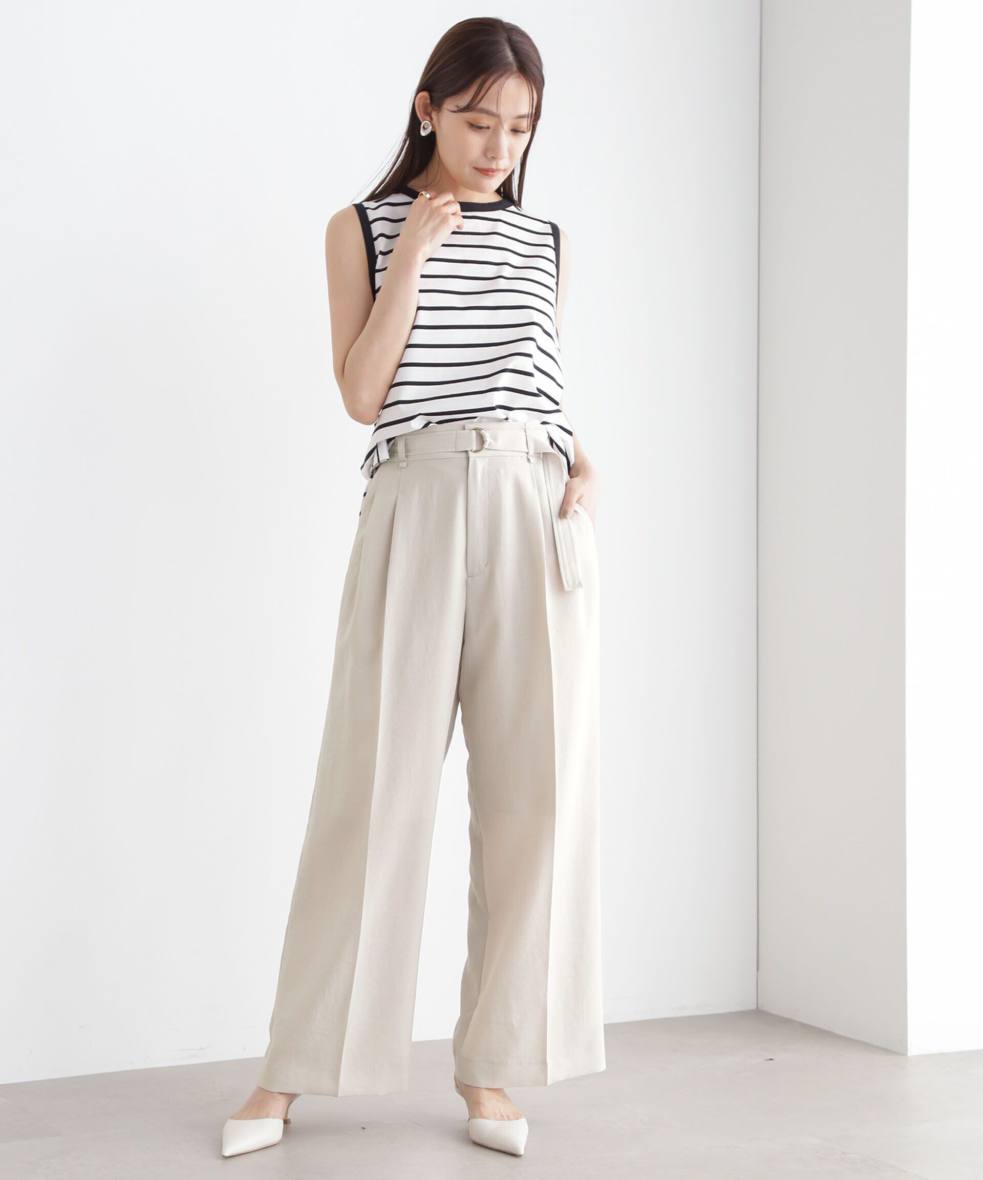 nano･universe「メランジドライ ベルト付きワイドパンツ(セットアップ可)」|チノ|