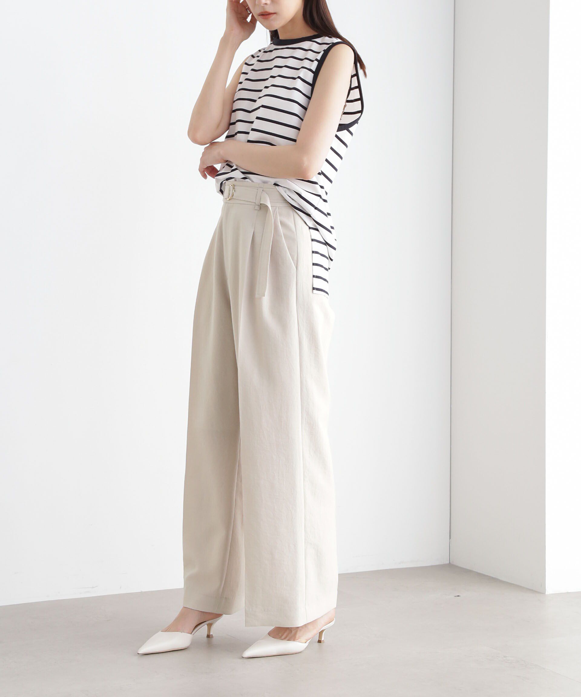 nano･universe「メランジドライ ベルト付きワイドパンツ(セットアップ可)」|チノ|