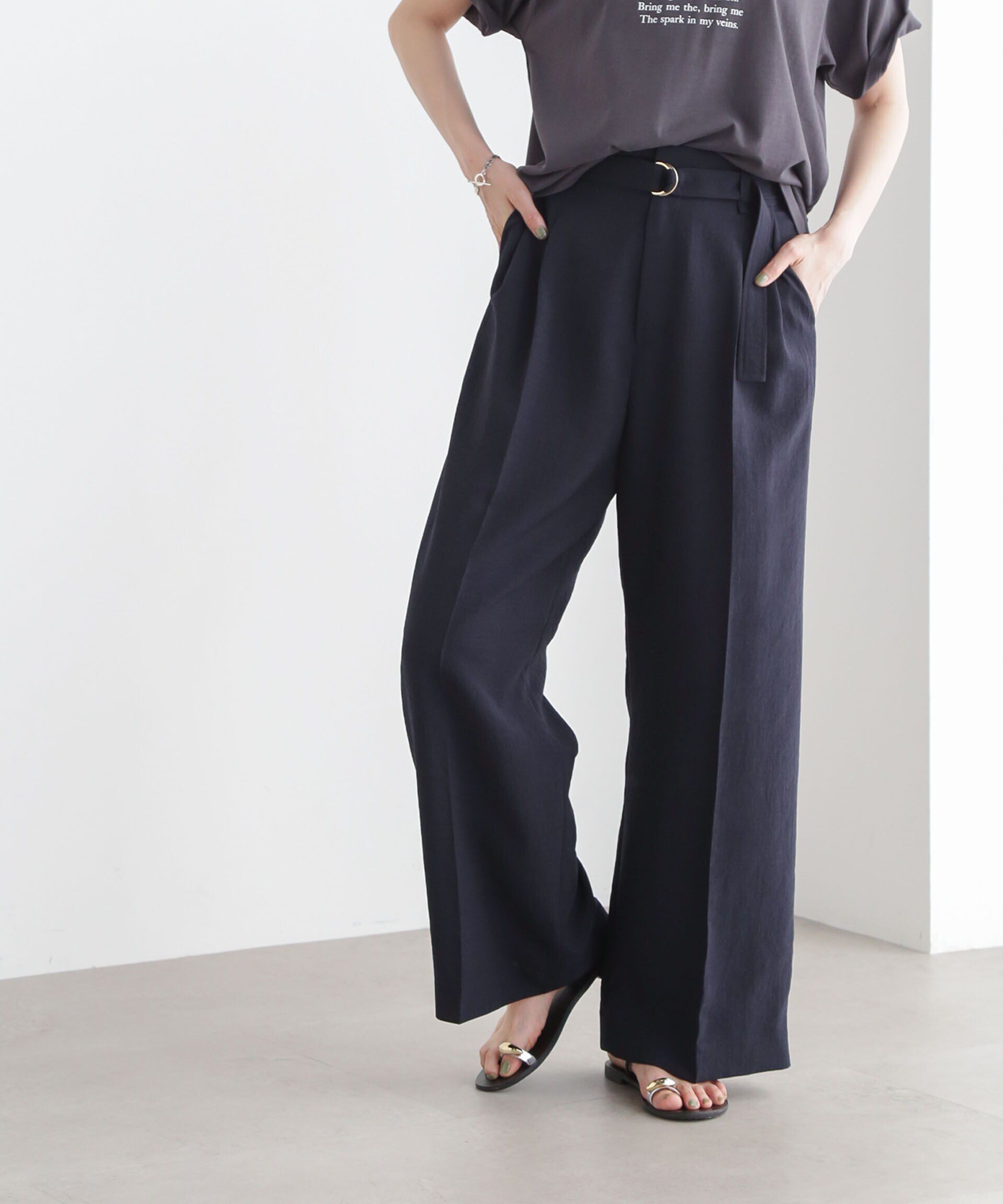 nano･universe「メランジドライ ベルト付きワイドパンツ(セットアップ可)」|チノ|