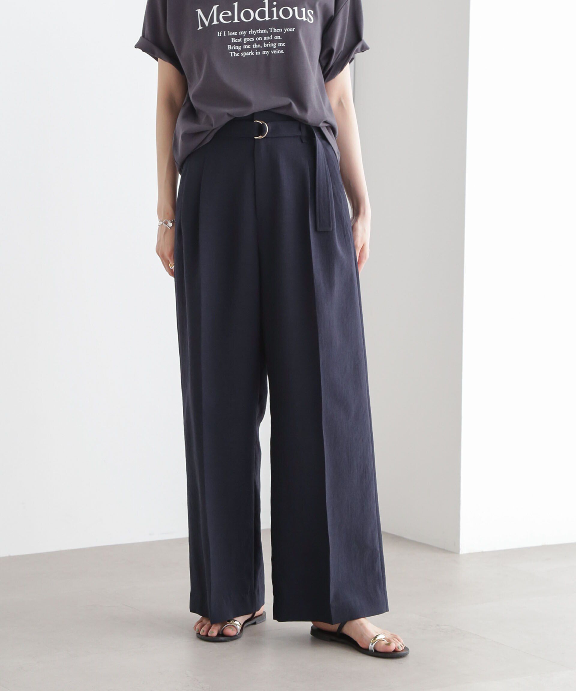 nano･universe「メランジドライ ベルト付きワイドパンツ(セットアップ可)」|チノ|