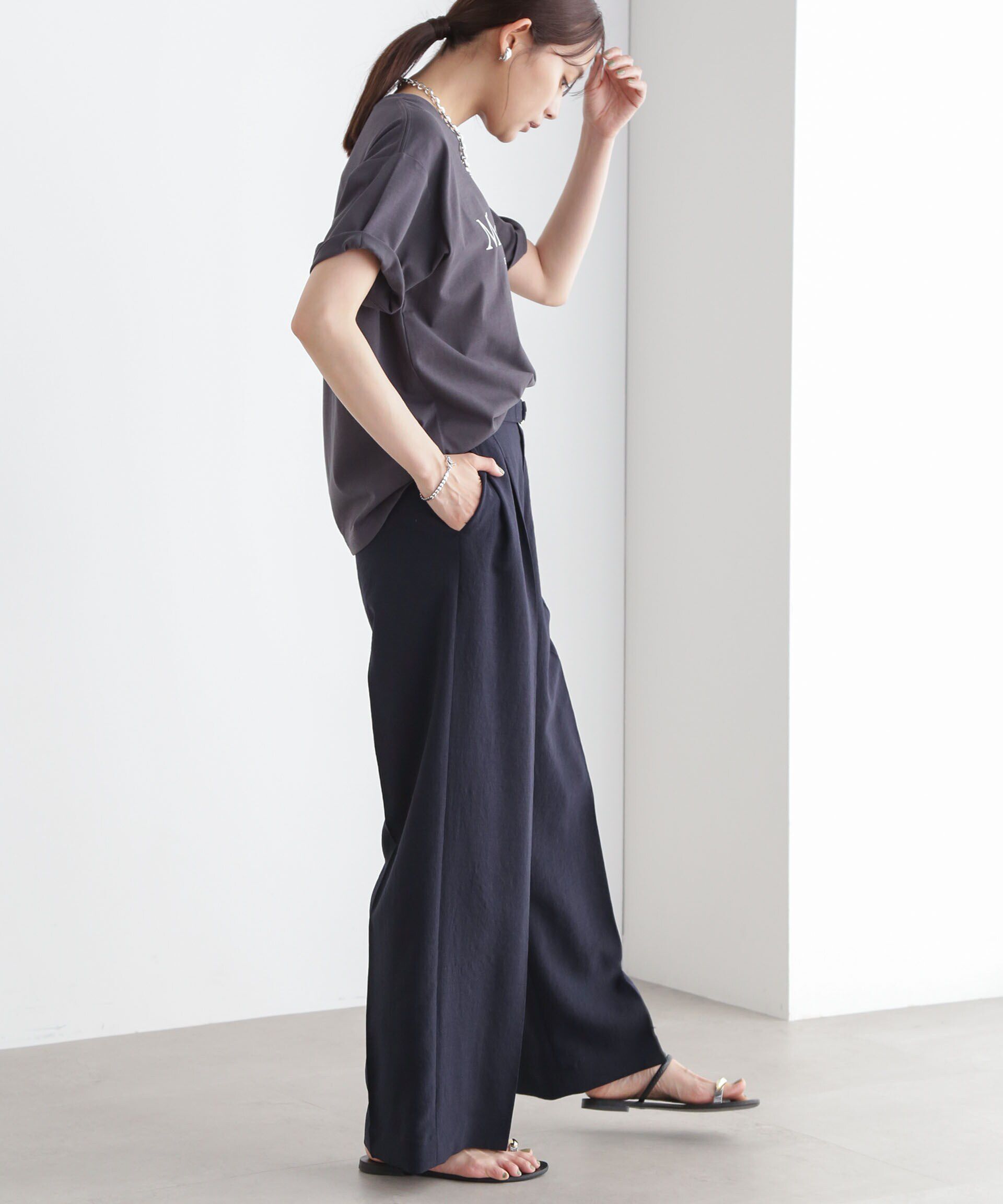 nano･universe「メランジドライ ベルト付きワイドパンツ(セットアップ可)」|チノ|