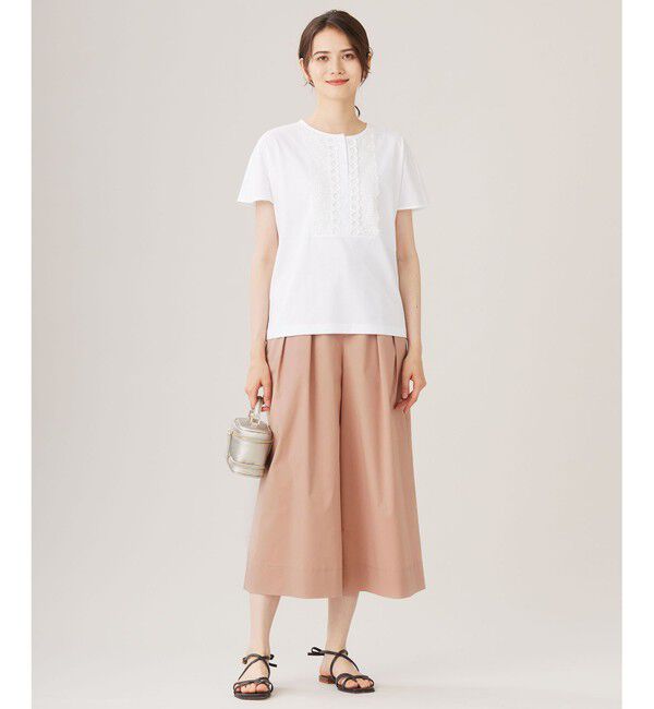 自由区「【洗える】コード刺繍胸元レース カットソー」|Tシャツ・カットソー|