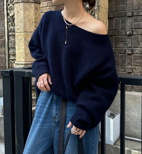  「ファーウールボートネックプルオーバー」|ニット・セーター|ネイビー