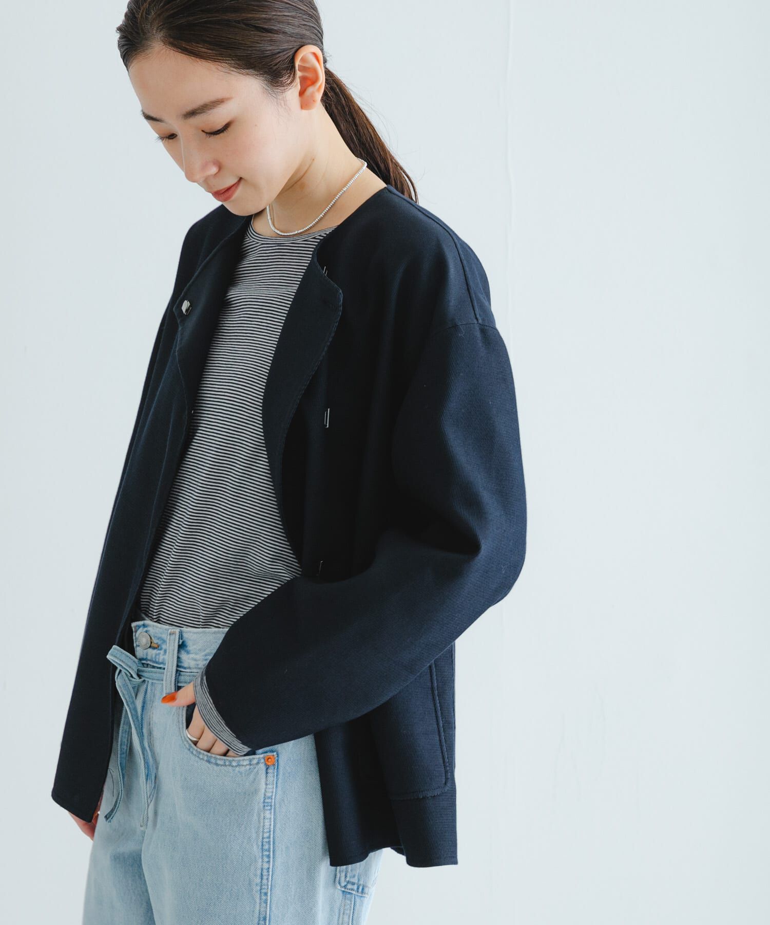 URBAN RESEARCH「ツイルノーカラーリバーコート」|ノーカラージャケット|