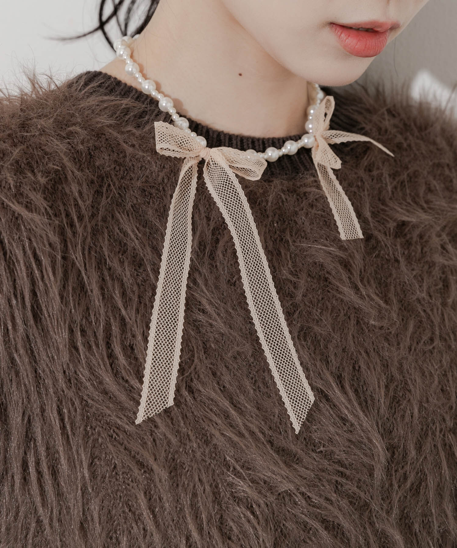 SMELLY「レースリボンパールネックレス」|ネックレス|