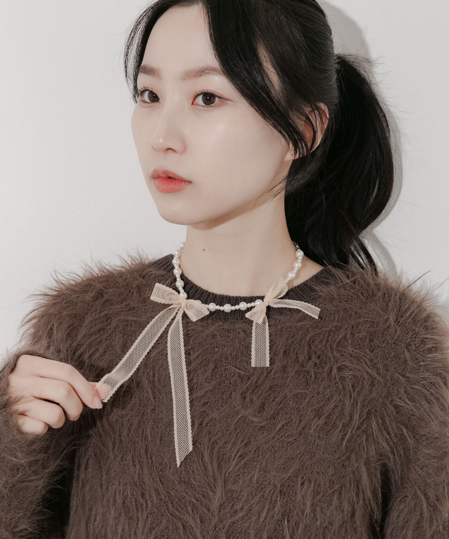 SMELLY「レースリボンパールネックレス」|ネックレス|