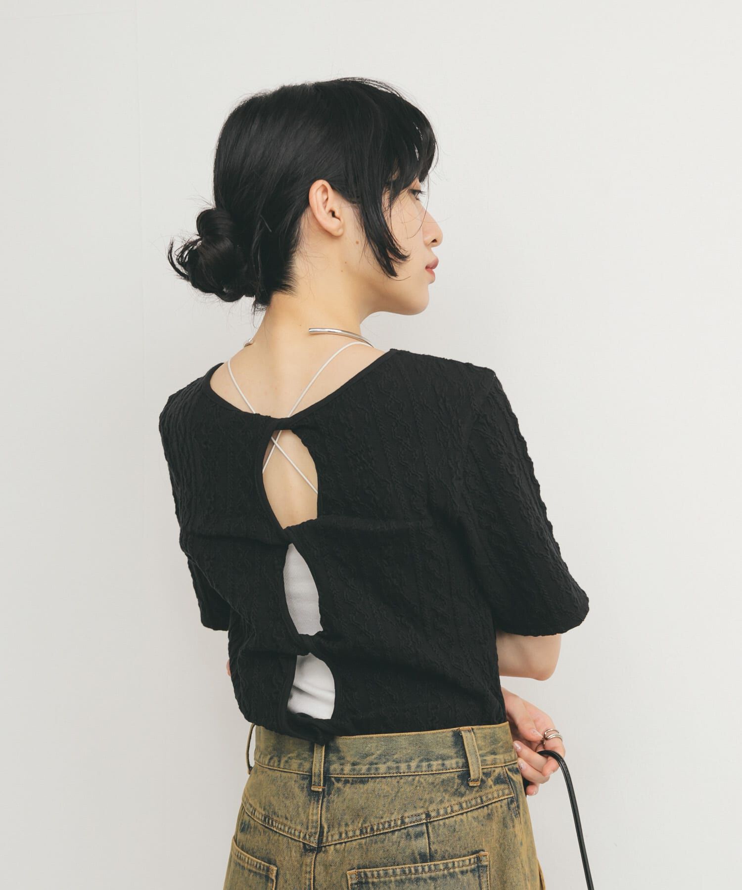 「2WAYケーブルジャカードトップス」|Tシャツ・カットソー|ブラック