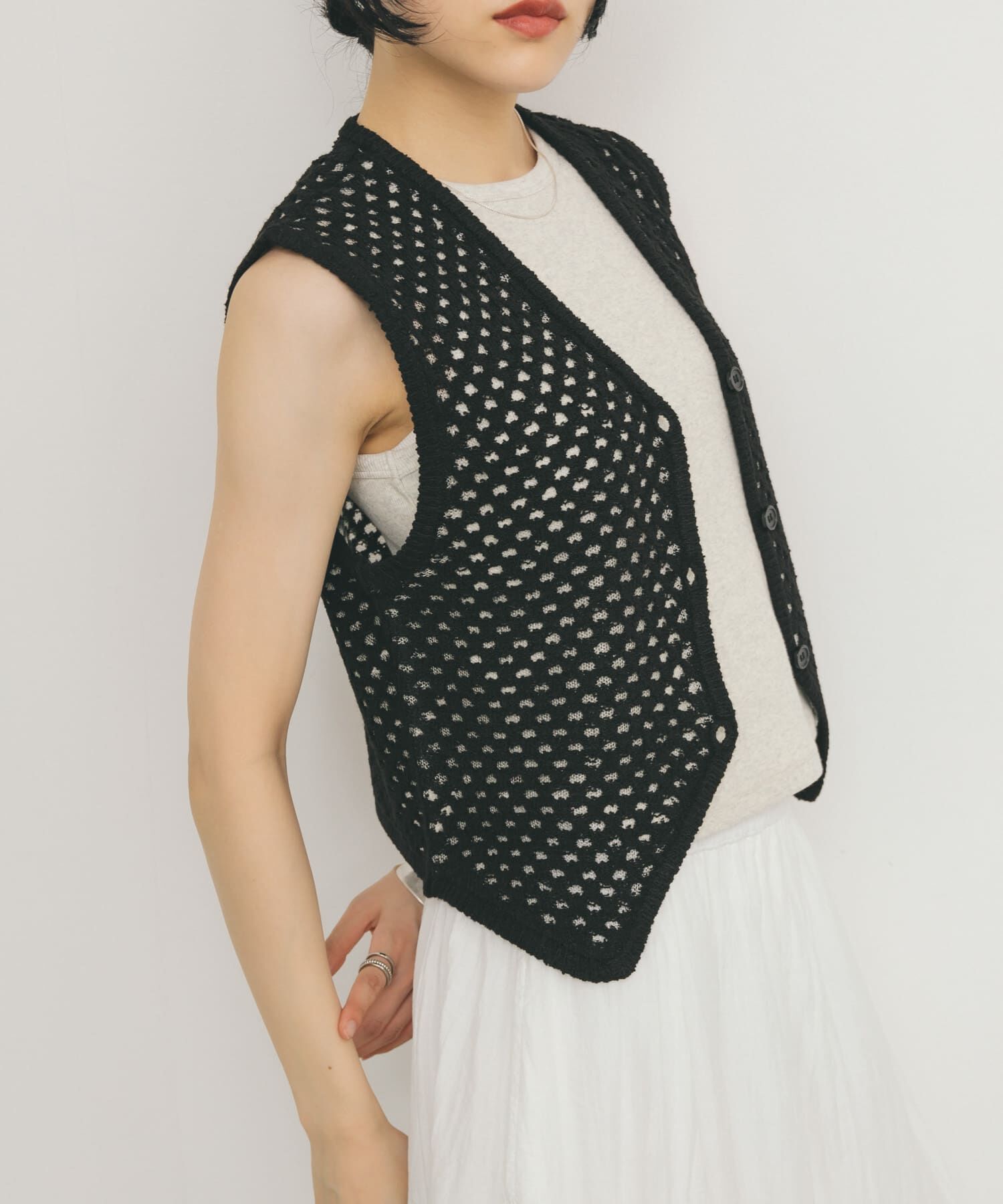  「ループヤーンメッシュベスト」|ベスト・ジレ|ブラック