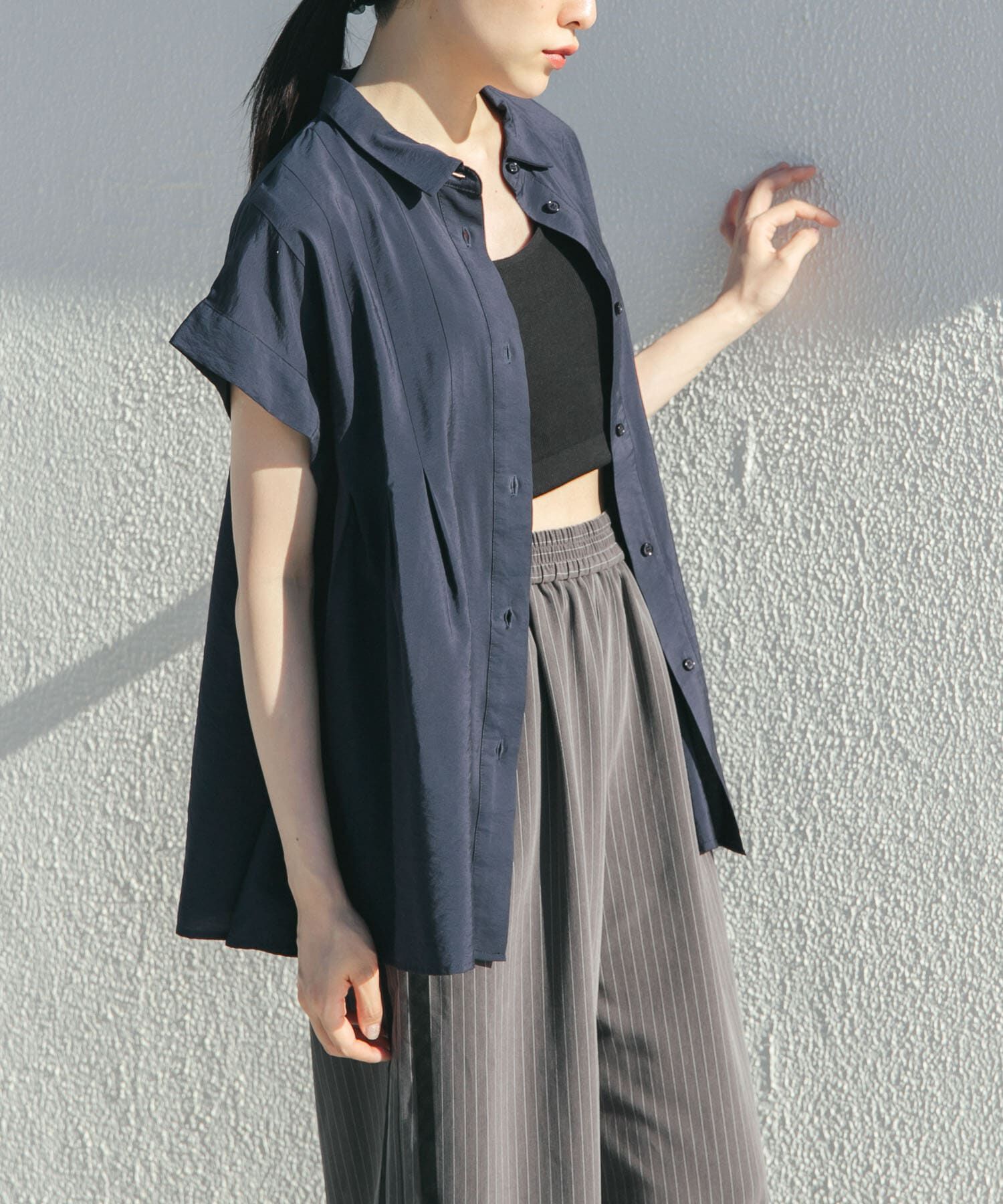  「スリーブレスタックフレアブラウス」|シャツ・ブラウス|ネイビー