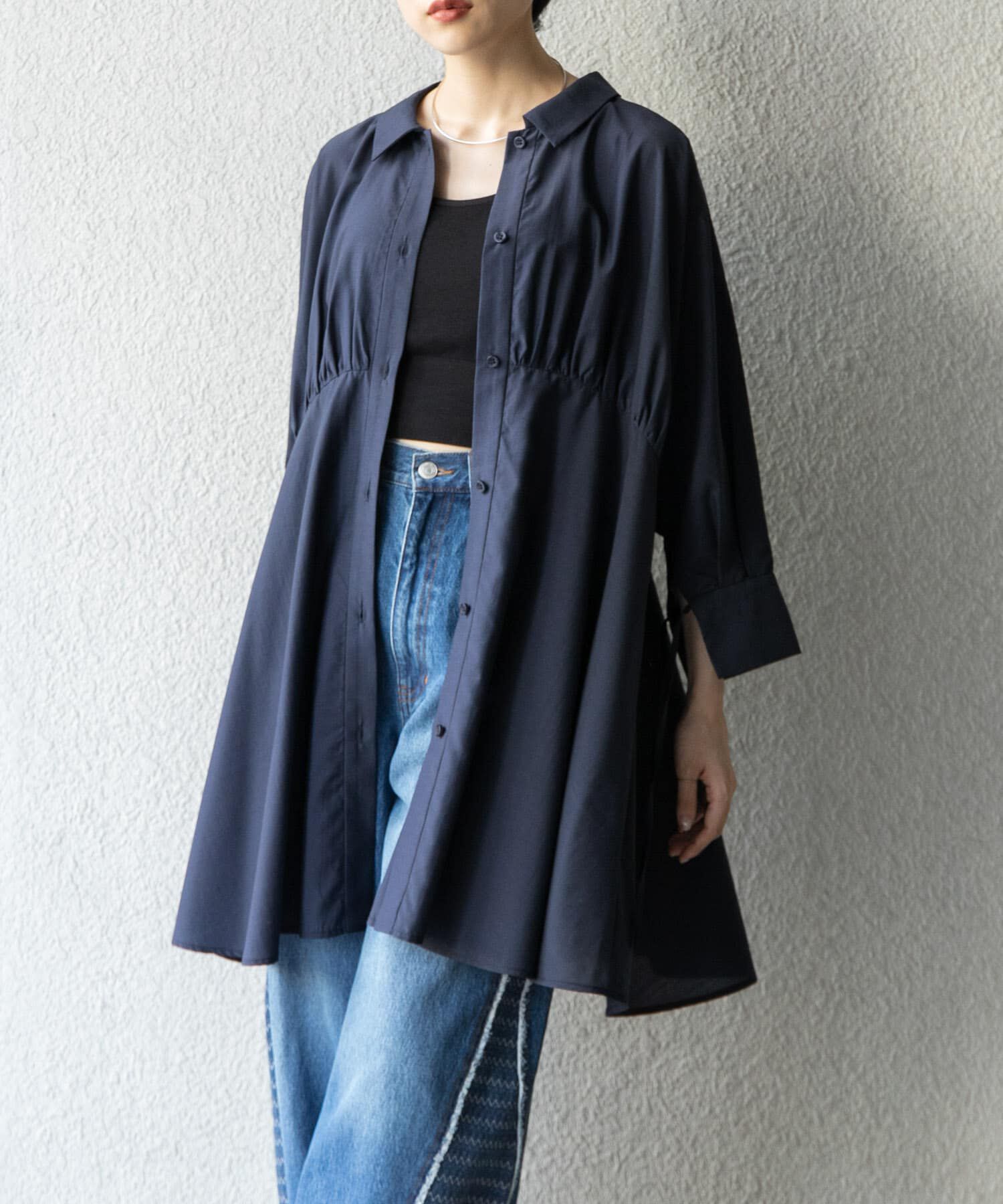  「カーブギャザーミニワンピース」|ワンピース|ネイビー