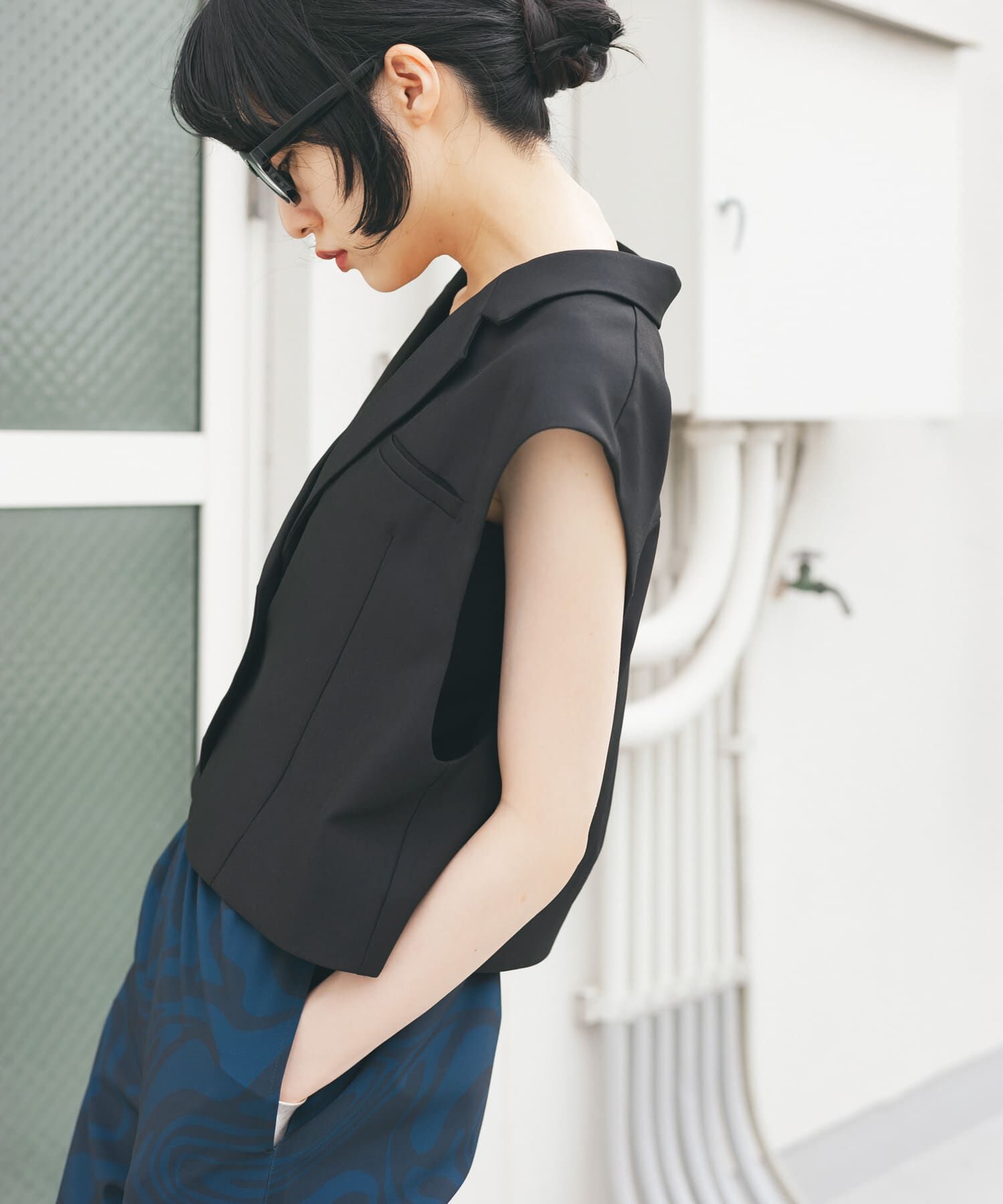  「ルーズテーラードベスト」|ノーカラーコート|