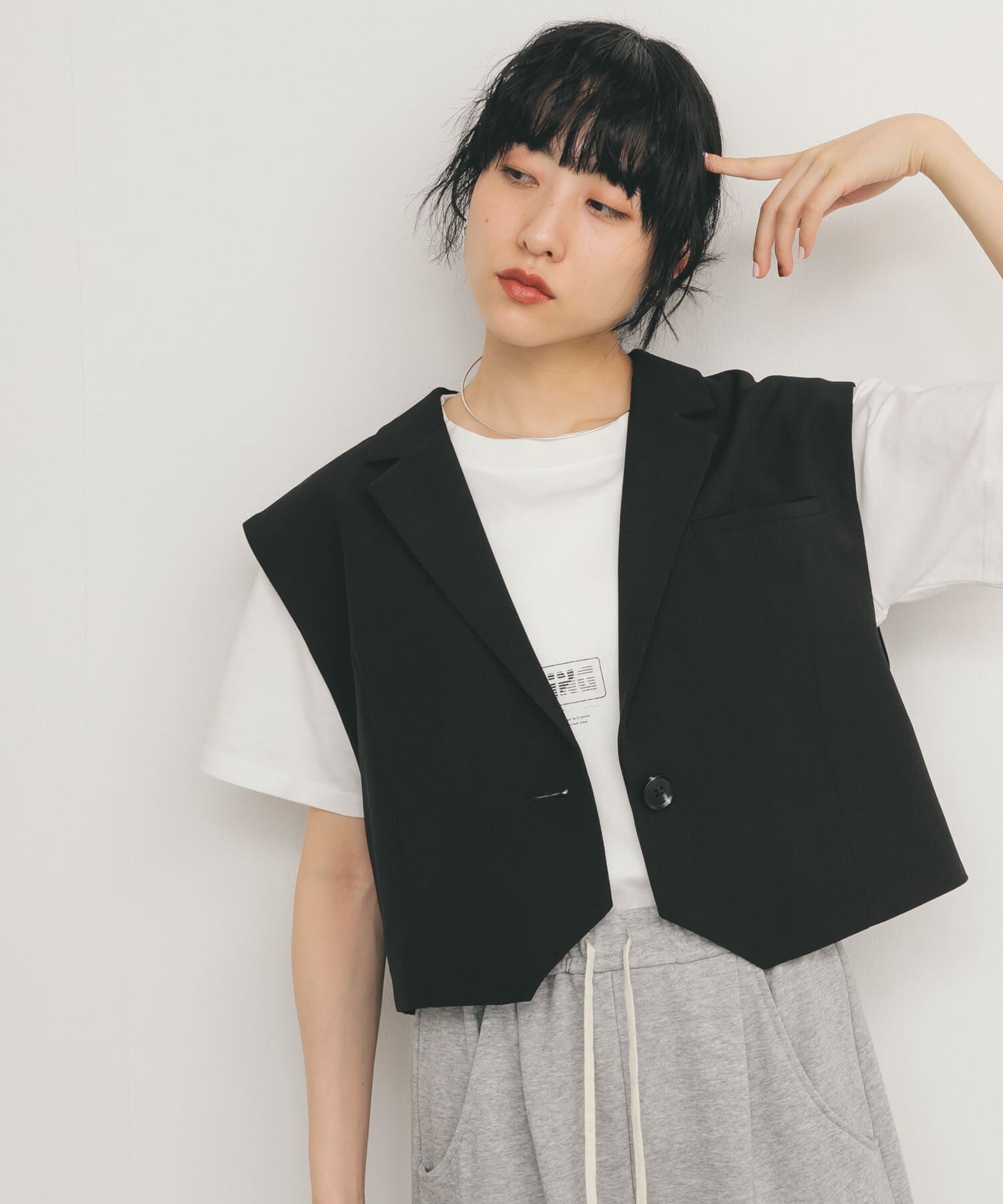  「ルーズテーラードベスト」|ノーカラーコート|