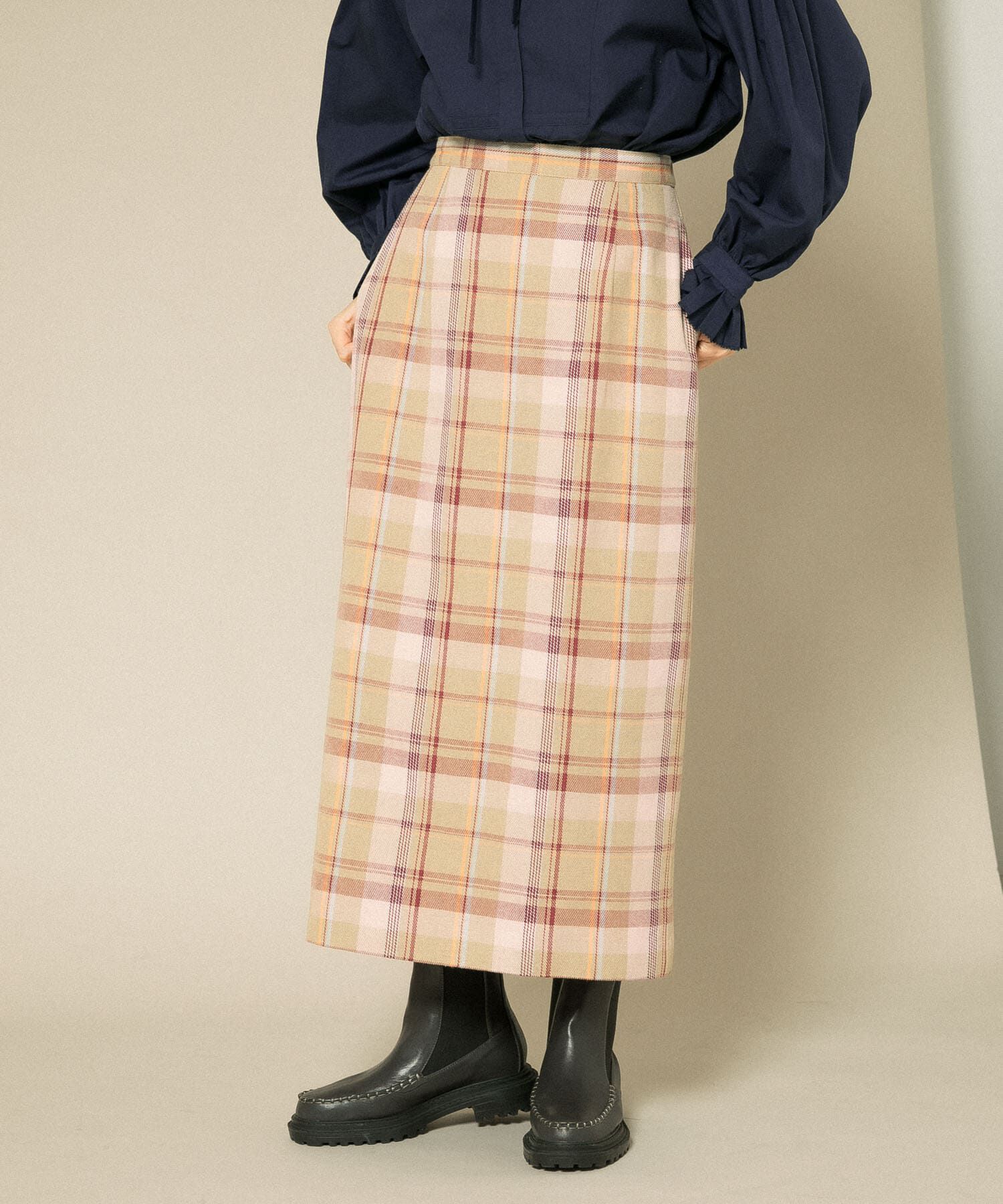  「チェックIラインミディスカート」|スカート|