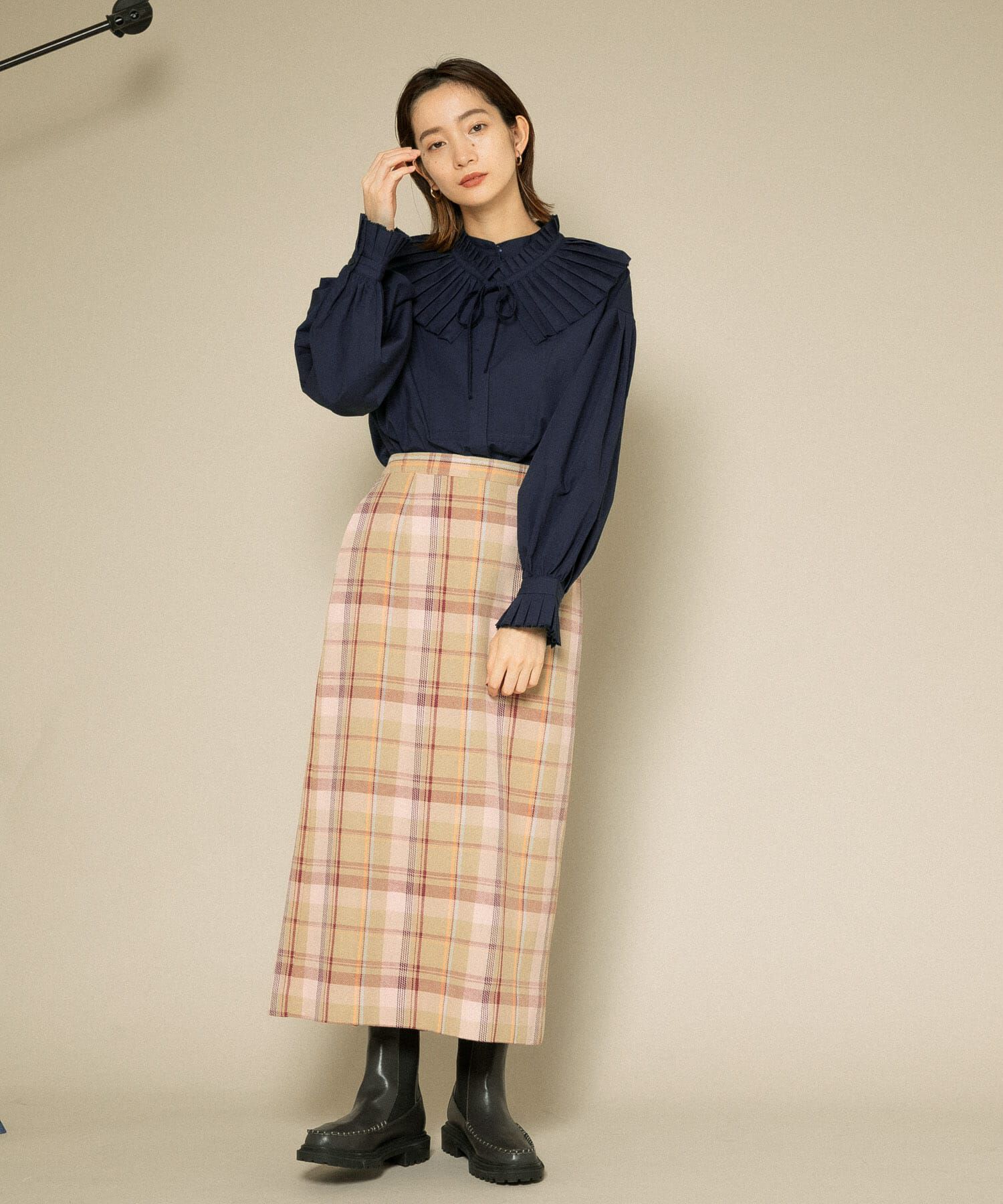  「チェックIラインミディスカート」|スカート|