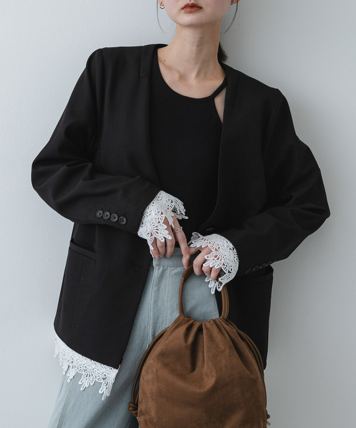 SENSE OF PLACE by URBAN RESEARCH「レースレイヤードノーカラージャケット」|ノーカラージャケット|ブラック