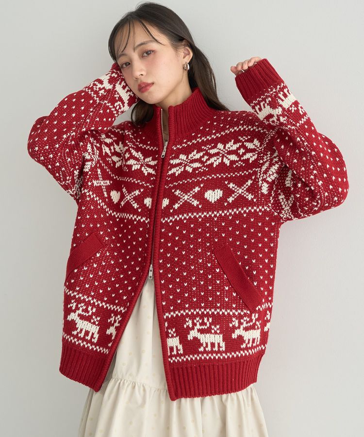 earth music&ecology「ダブルzipノルディックカウチンニットカーディガン」|カーディガン|Red