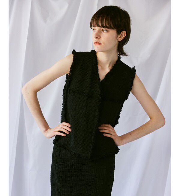 allureville「【セットアップ対応可能】ラスティックツイードフリンジジレ」|ベスト・ジレ|ブラック