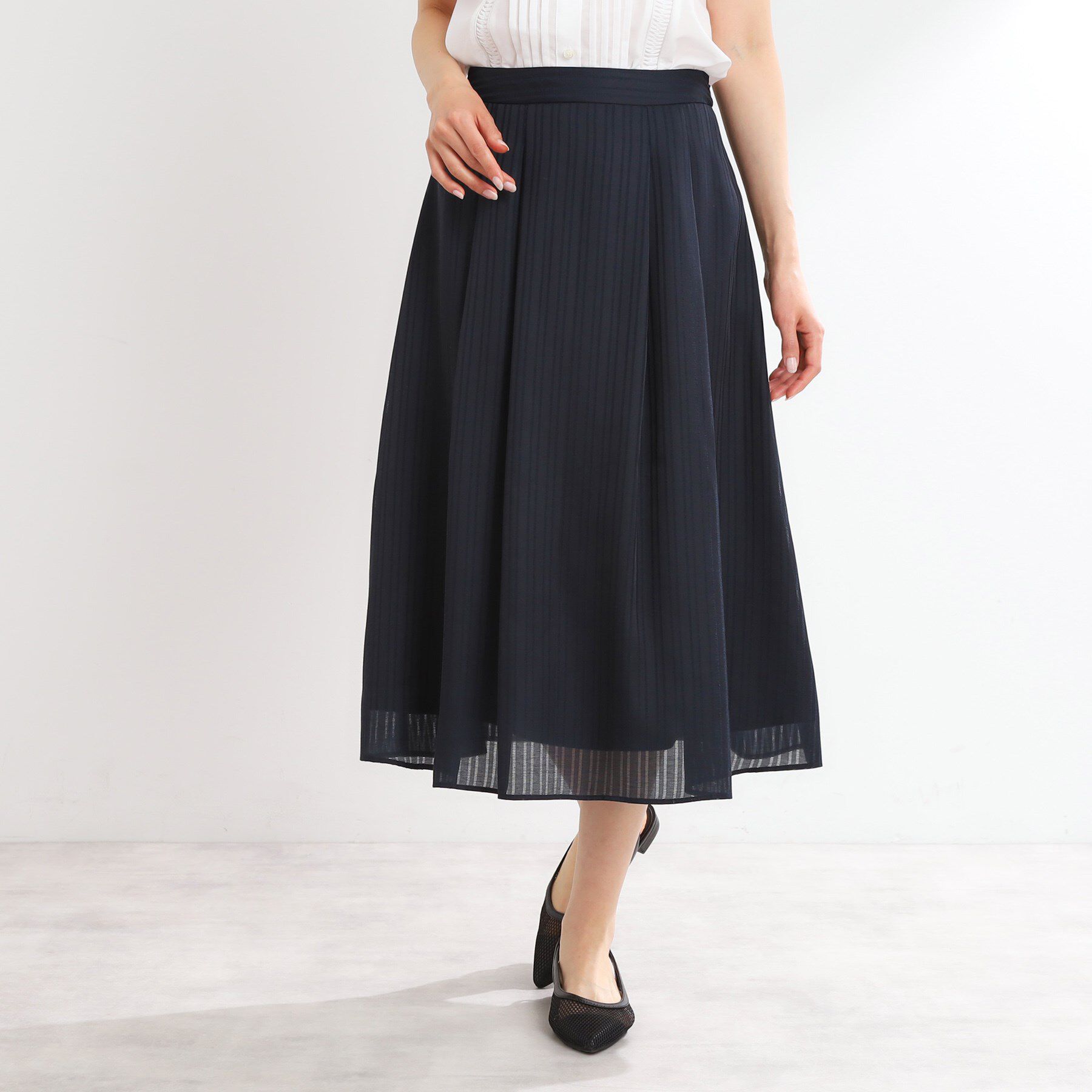 Reflect「【マシンウォッシュ可】Aラインストライプスカート」|スカート|ネイビー(394)