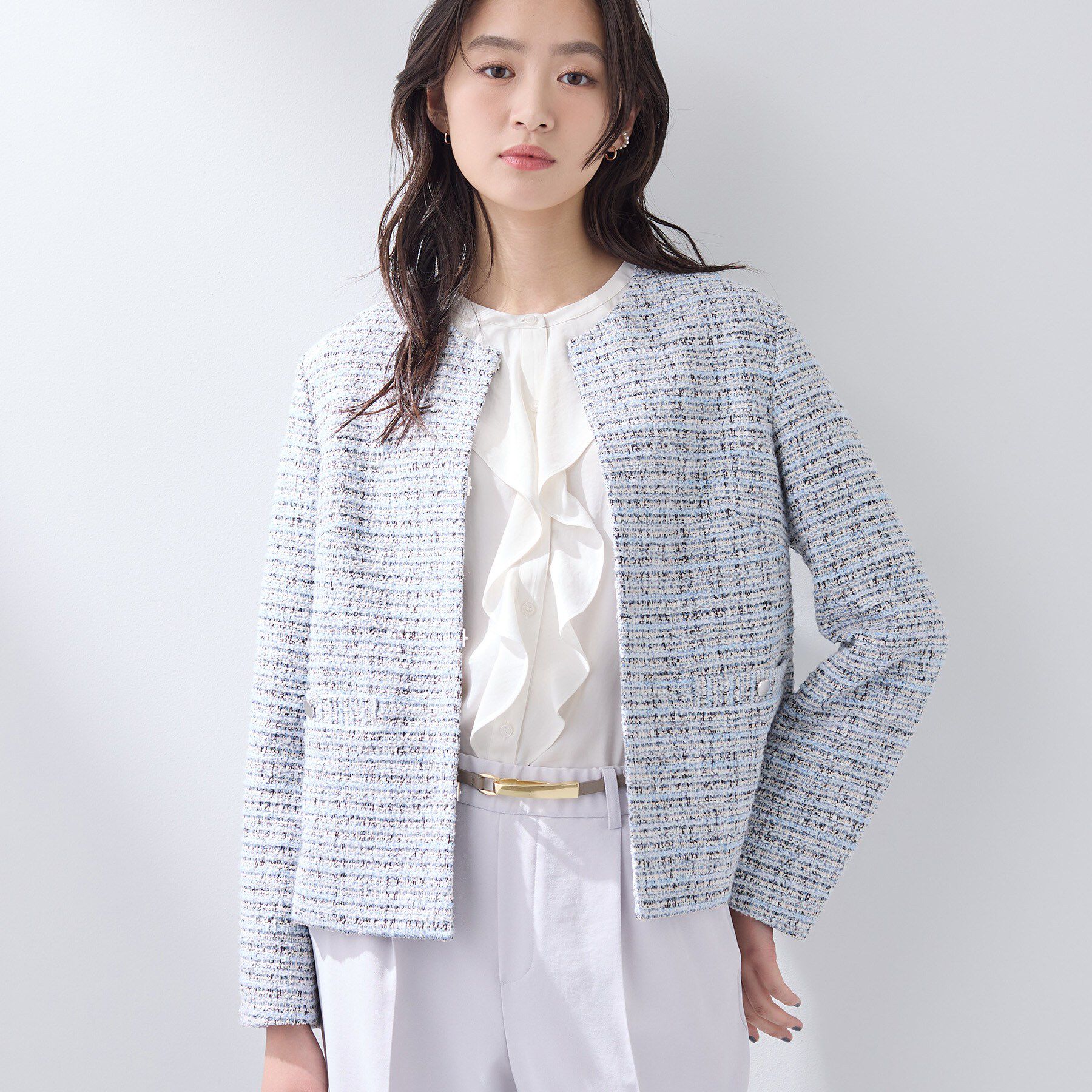 INDIVI「【セレモニー／洗える】ミックスツイードライトジャケット」|ノーカラージャケット|