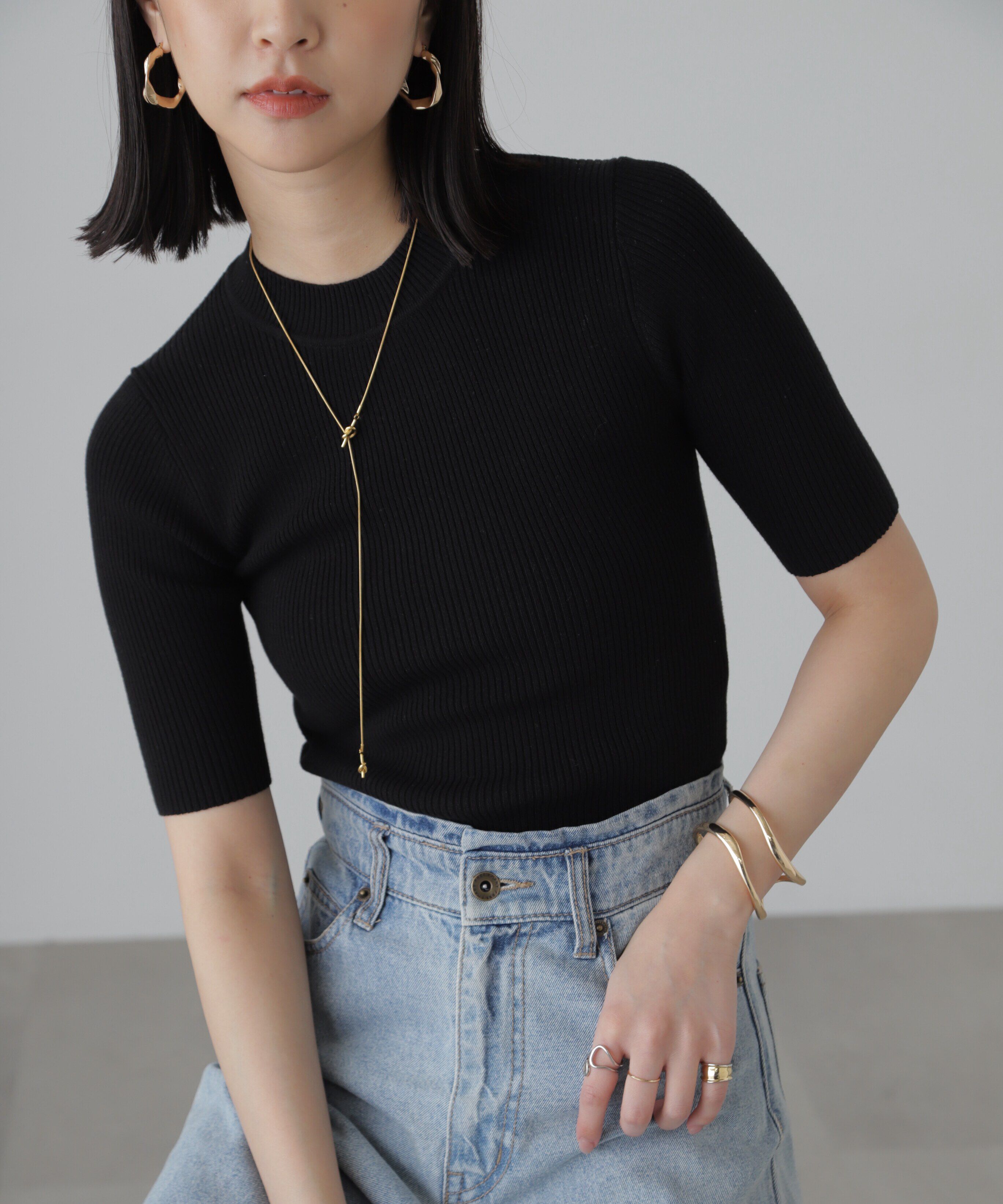  「［洗える］マシンウォッシャブルリブハイネック5分袖ニット」|ニット・セーター|ブラック