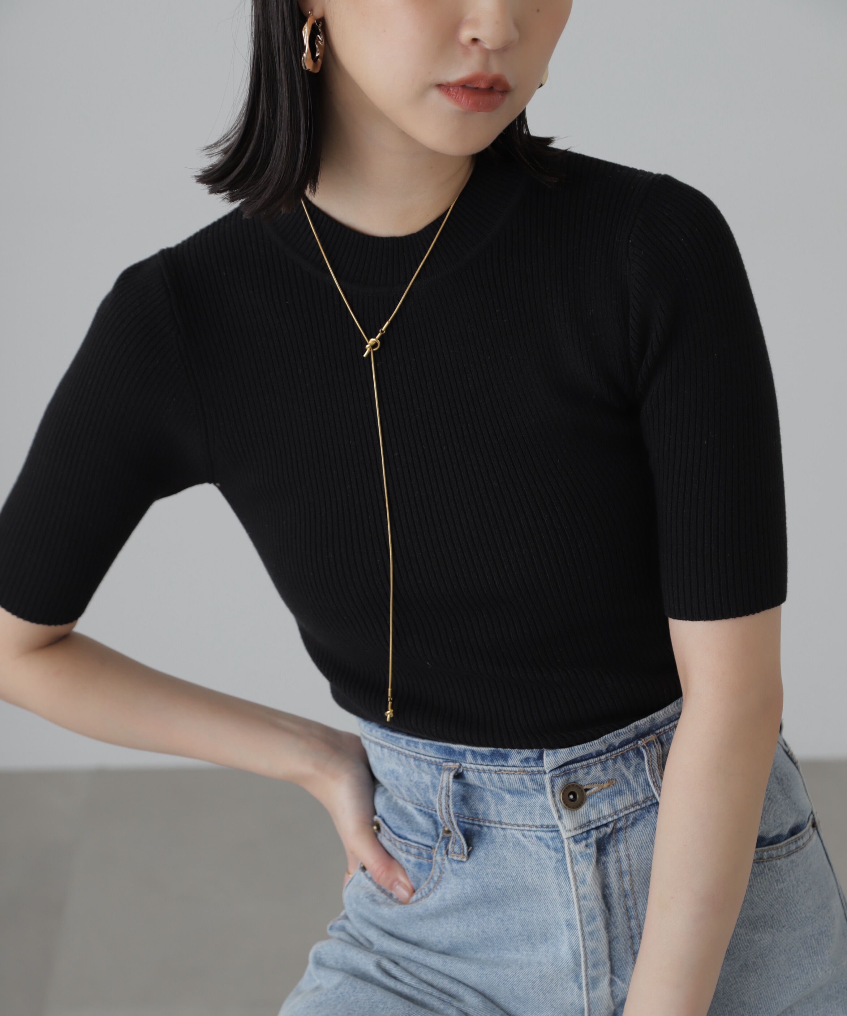  「［洗える］マシンウォッシャブルリブハイネック5分袖ニット」|ニット・セーター|