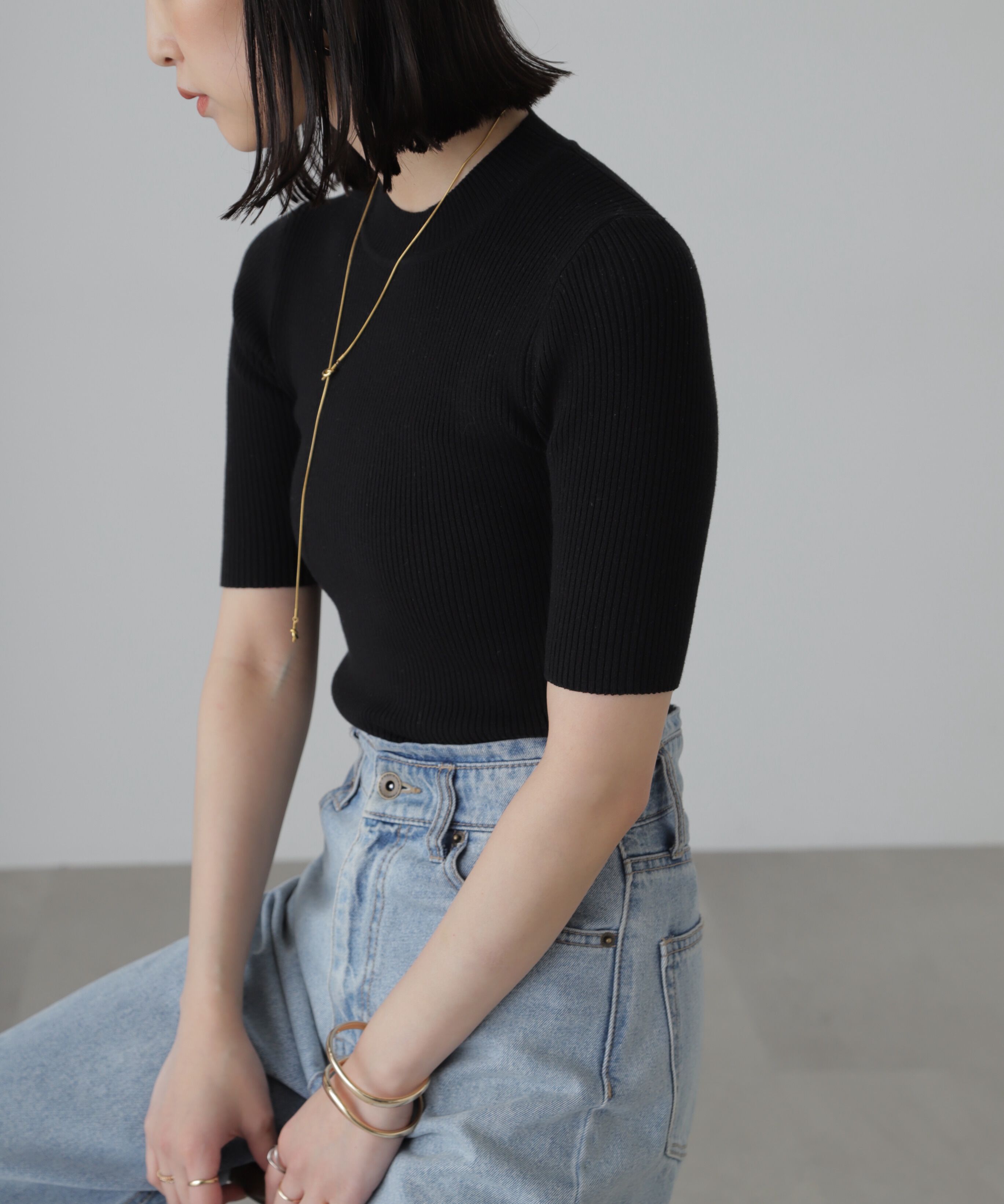  「［洗える］マシンウォッシャブルリブハイネック5分袖ニット」|ニット・セーター|