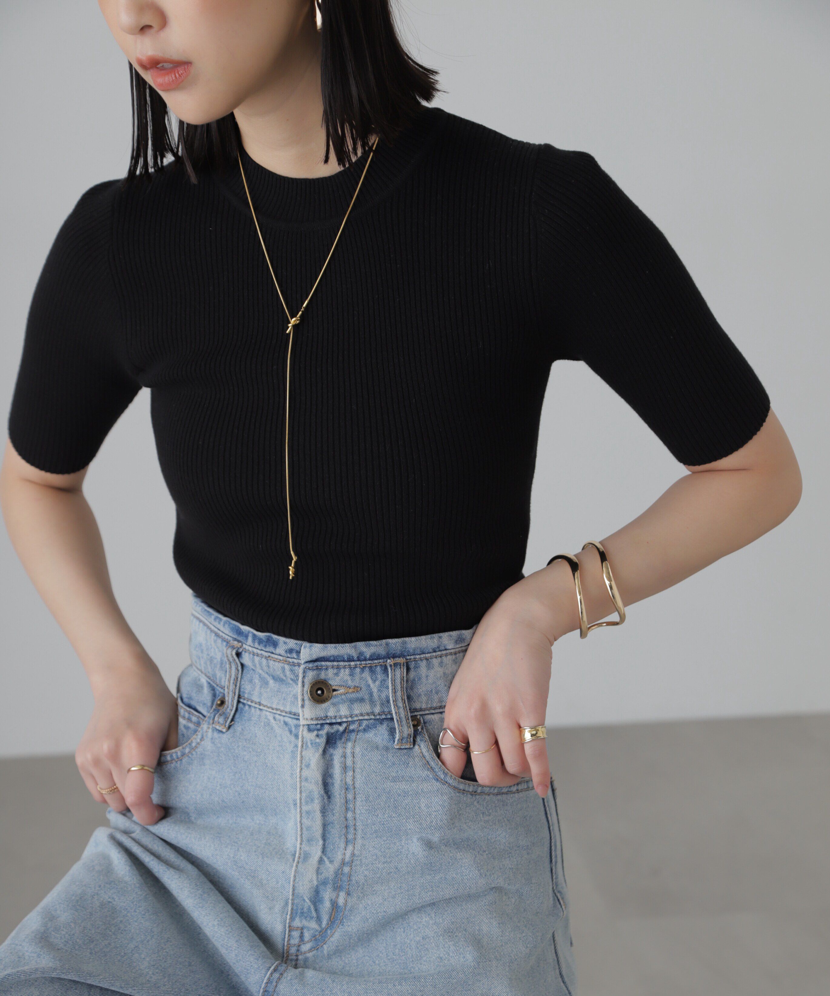  「［洗える］マシンウォッシャブルリブハイネック5分袖ニット」|ニット・セーター|