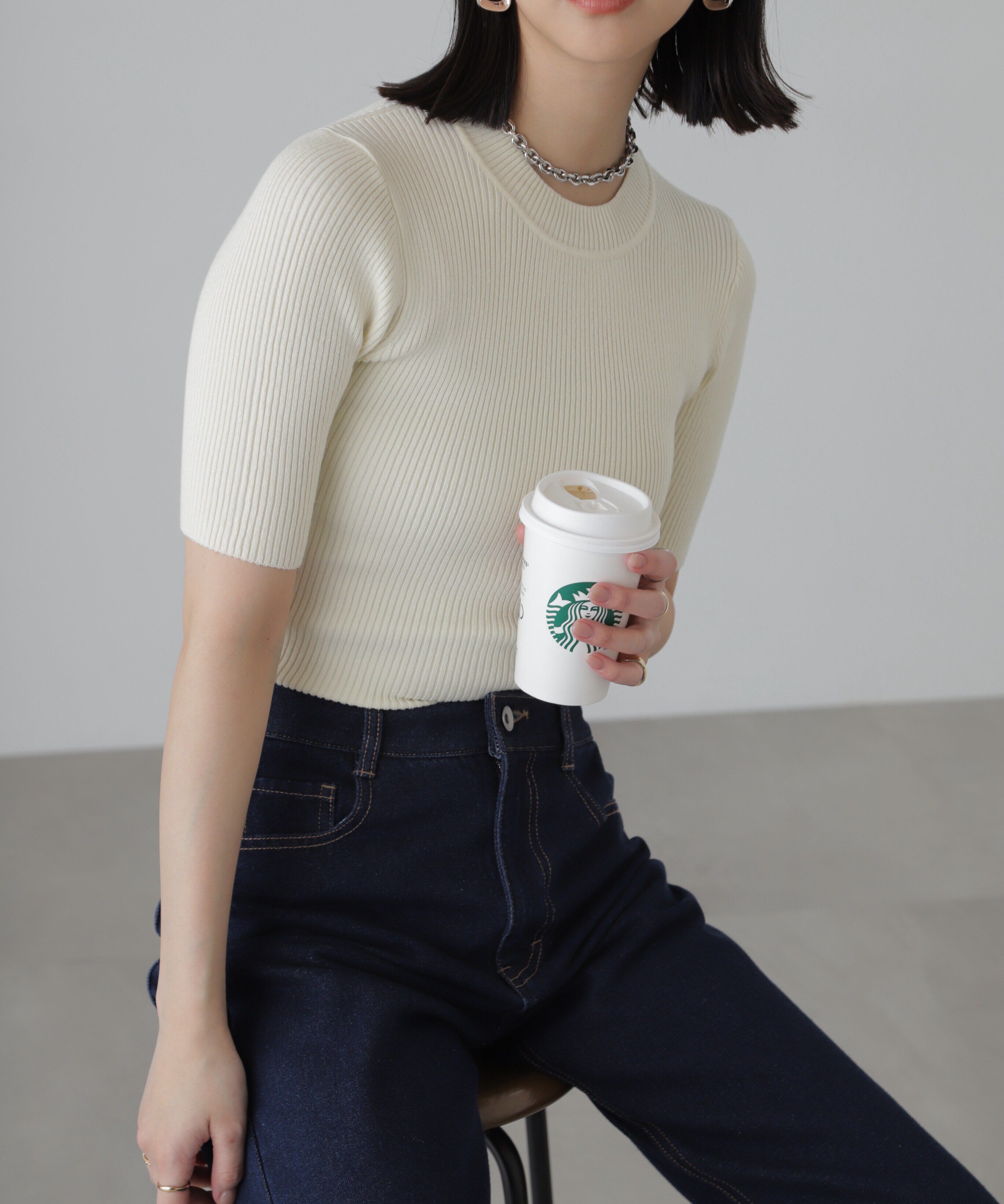  「［洗える］マシンウォッシャブルリブハイネック5分袖ニット」|ニット・セーター|オフ