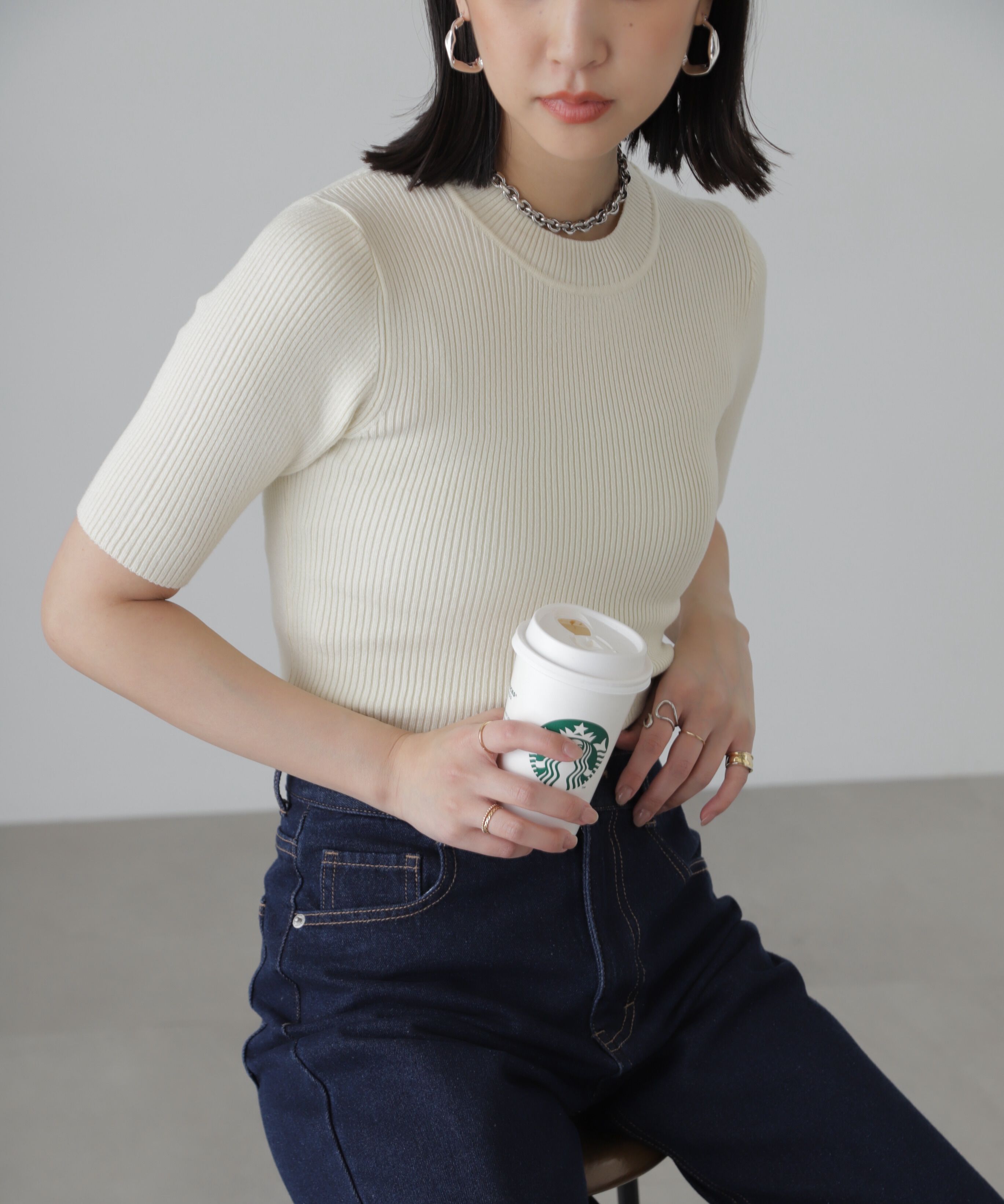  「［洗える］マシンウォッシャブルリブハイネック5分袖ニット」|ニット・セーター|