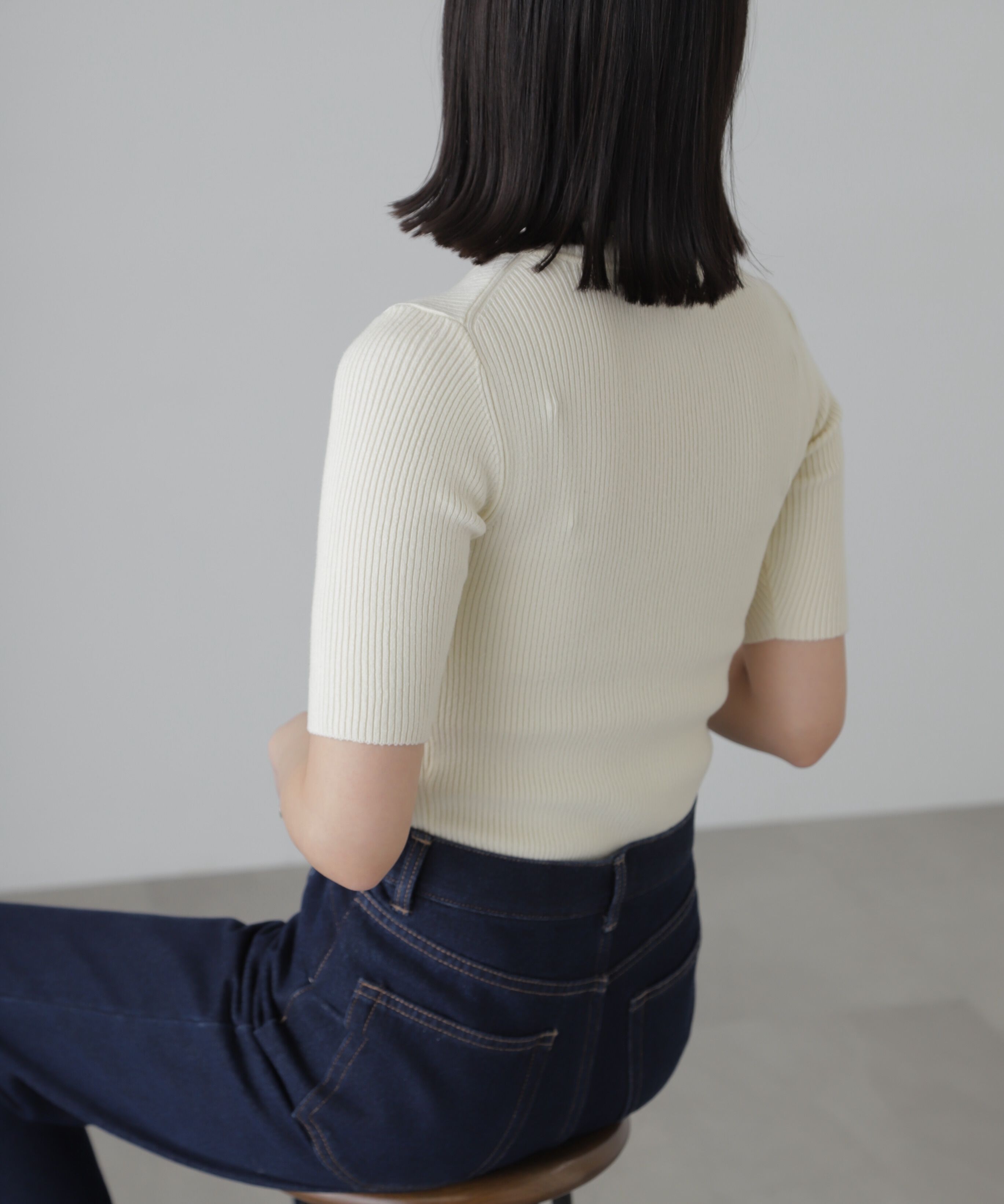  「［洗える］マシンウォッシャブルリブハイネック5分袖ニット」|ニット・セーター|