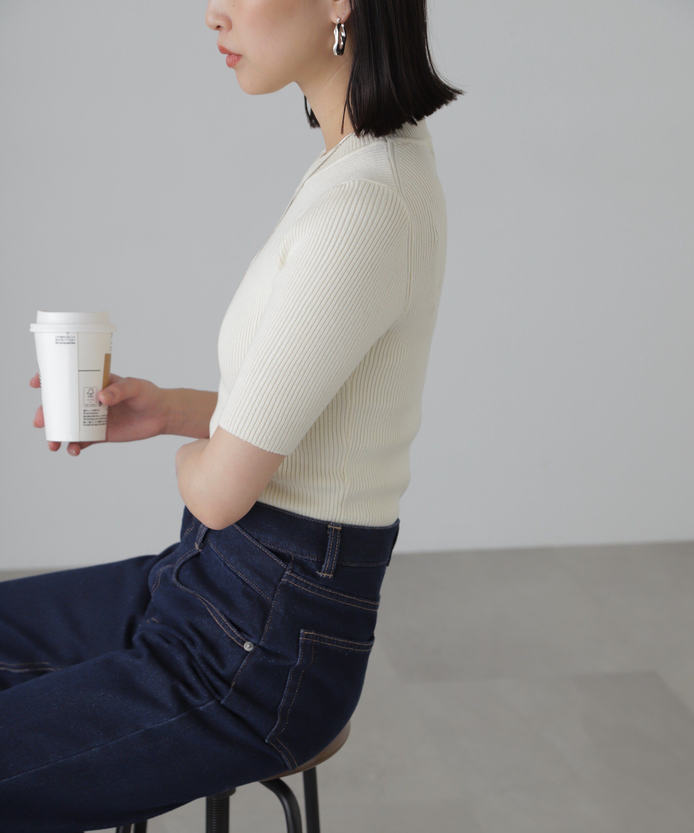  「［洗える］マシンウォッシャブルリブハイネック5分袖ニット」|ニット・セーター|