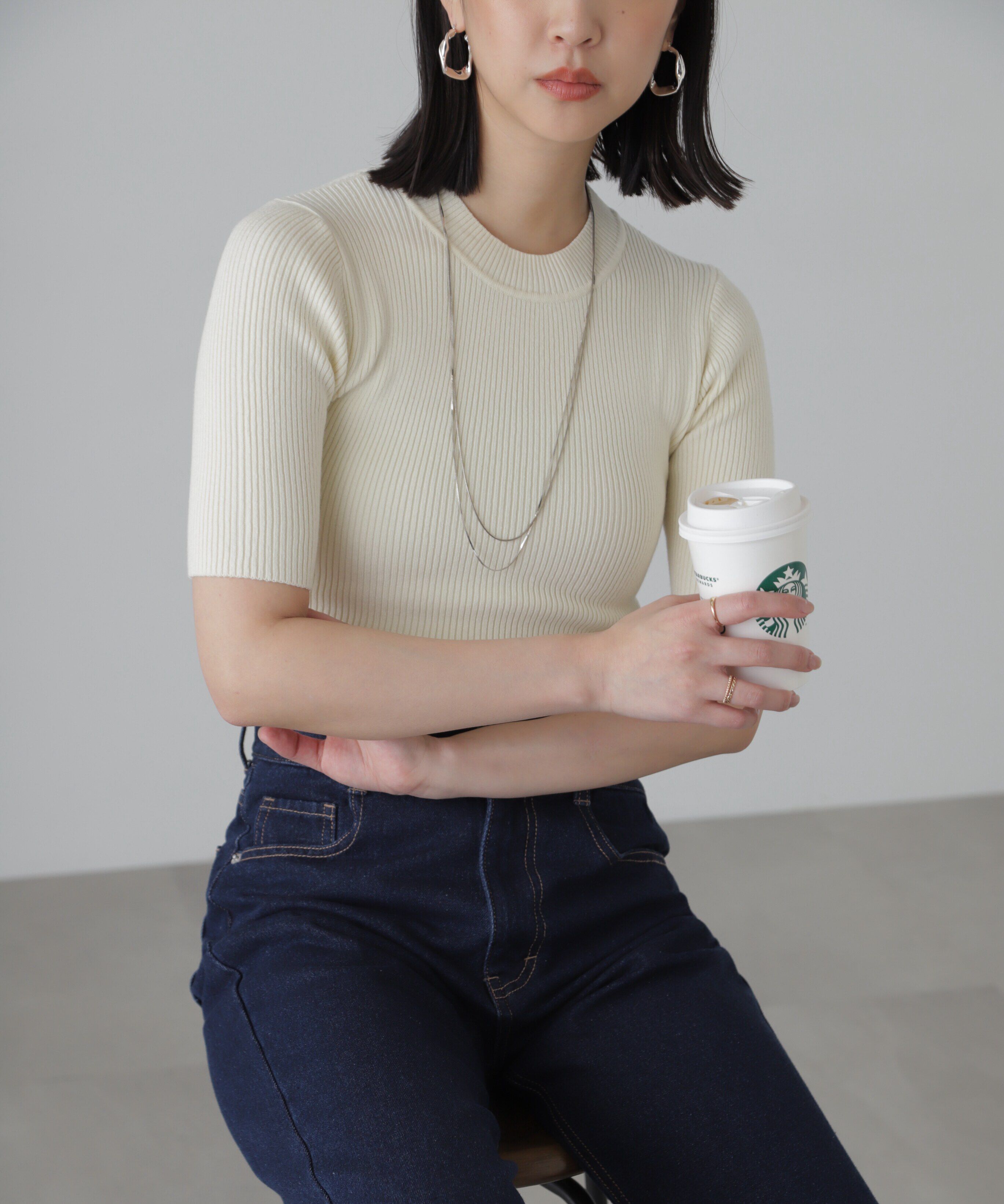  「［洗える］マシンウォッシャブルリブハイネック5分袖ニット」|ニット・セーター|