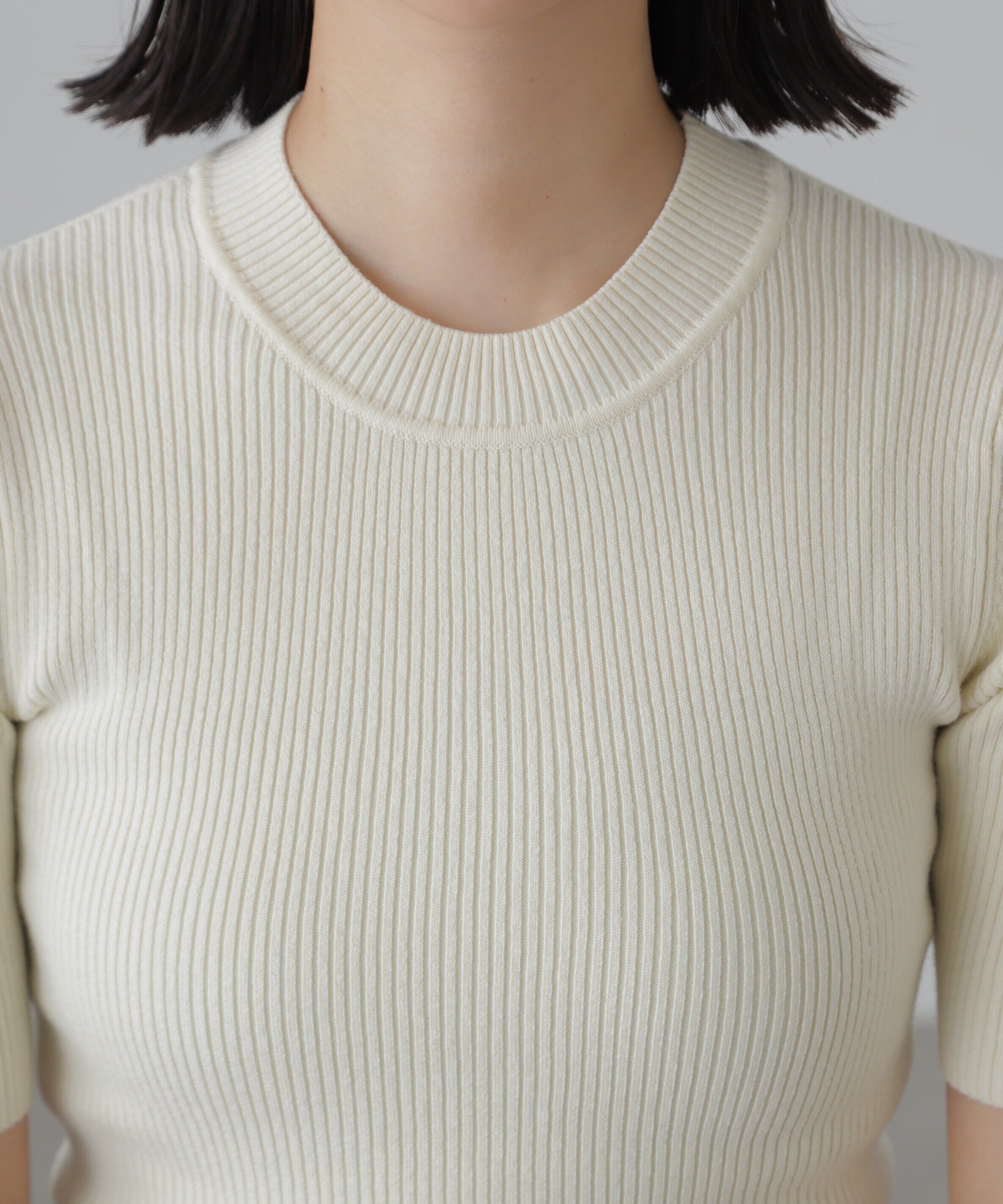  「［洗える］マシンウォッシャブルリブハイネック5分袖ニット」|ニット・セーター|