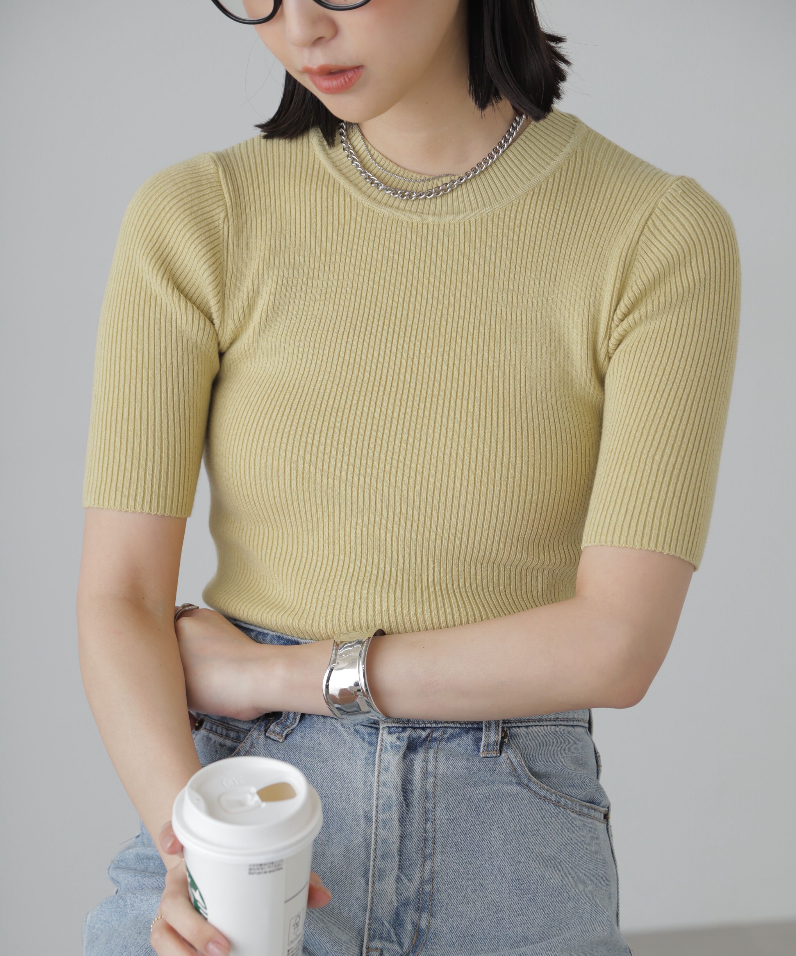  「［洗える］マシンウォッシャブルリブハイネック5分袖ニット」|ニット・セーター|